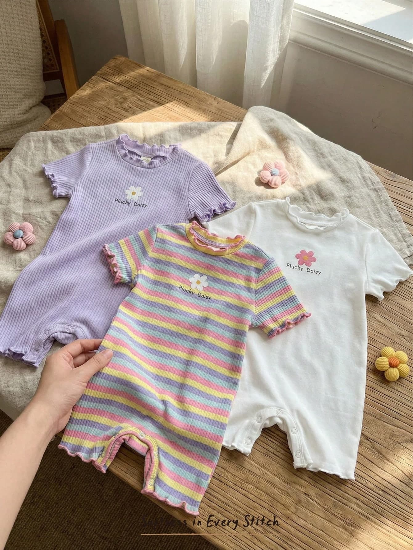 Cozy Pixies 3pcs Baby Girl Floral & Striped Knit Soft Round Neck Short Sleeve Romper & Shorts Set