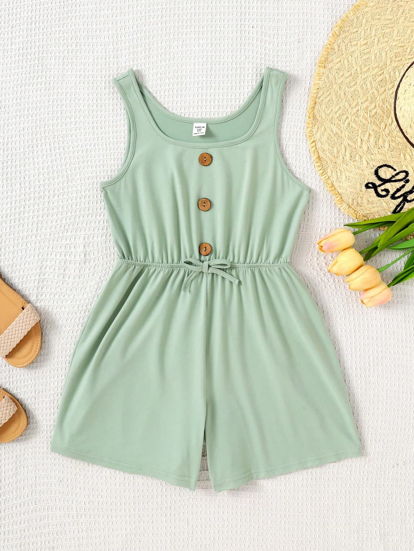 SHEIN Tween Girls' Casual Green Loose Jumpsuit, Suitable For Vacation And Beach,Kids