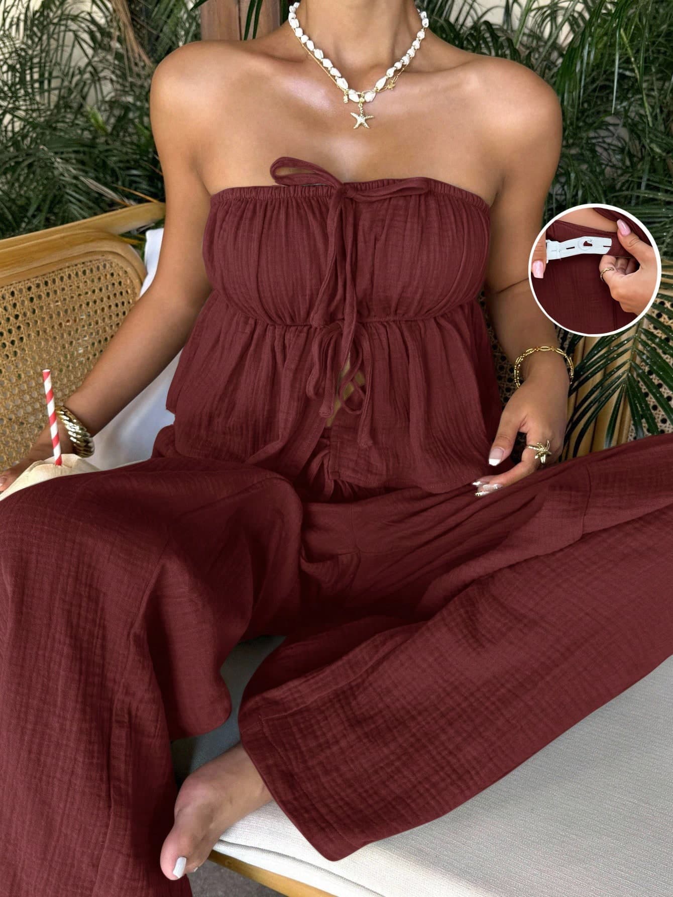 SHEIN Burgundy,Summer,Boho,Beach,Prom,Holiday 2pcs Maternity Set,Women's Cotton Twist Front Camisole & Adjustable Waist Wide Leg Pants Lounge Outfits Set