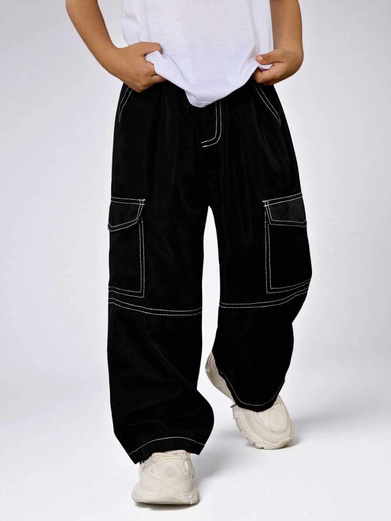 Young Boys' Casual Contrast Color Loose Cargo Pants,Comfortable Pocket Straight Leg Baggy Jeans,Suitable For School Clothes,Spring Summer Fall Winter