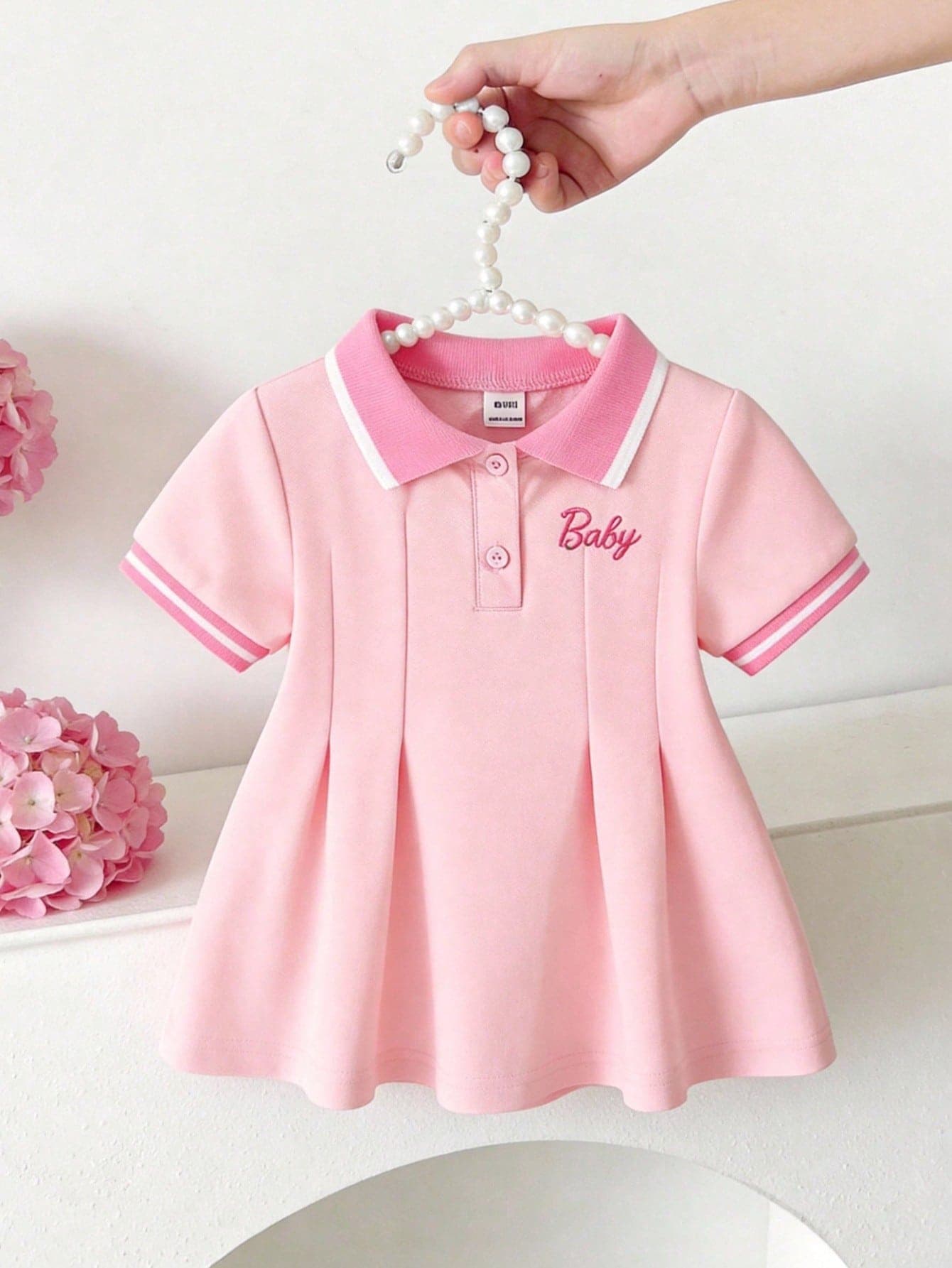 SHEIN 1pc Baby Girls' White Casual Dress, Ribbed Collar & Cuffs, Suitable For Lounging, Outings, Sports, Parties