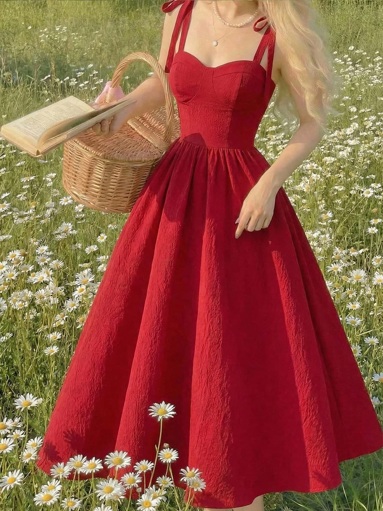 Skyraze Women's Red Bow Tie Strap Ruched Bust Midi Dress,Elegant Modest Summer Picnic Outfits, Luxury Evening Wedding Guest Ceremony Vacation Dress