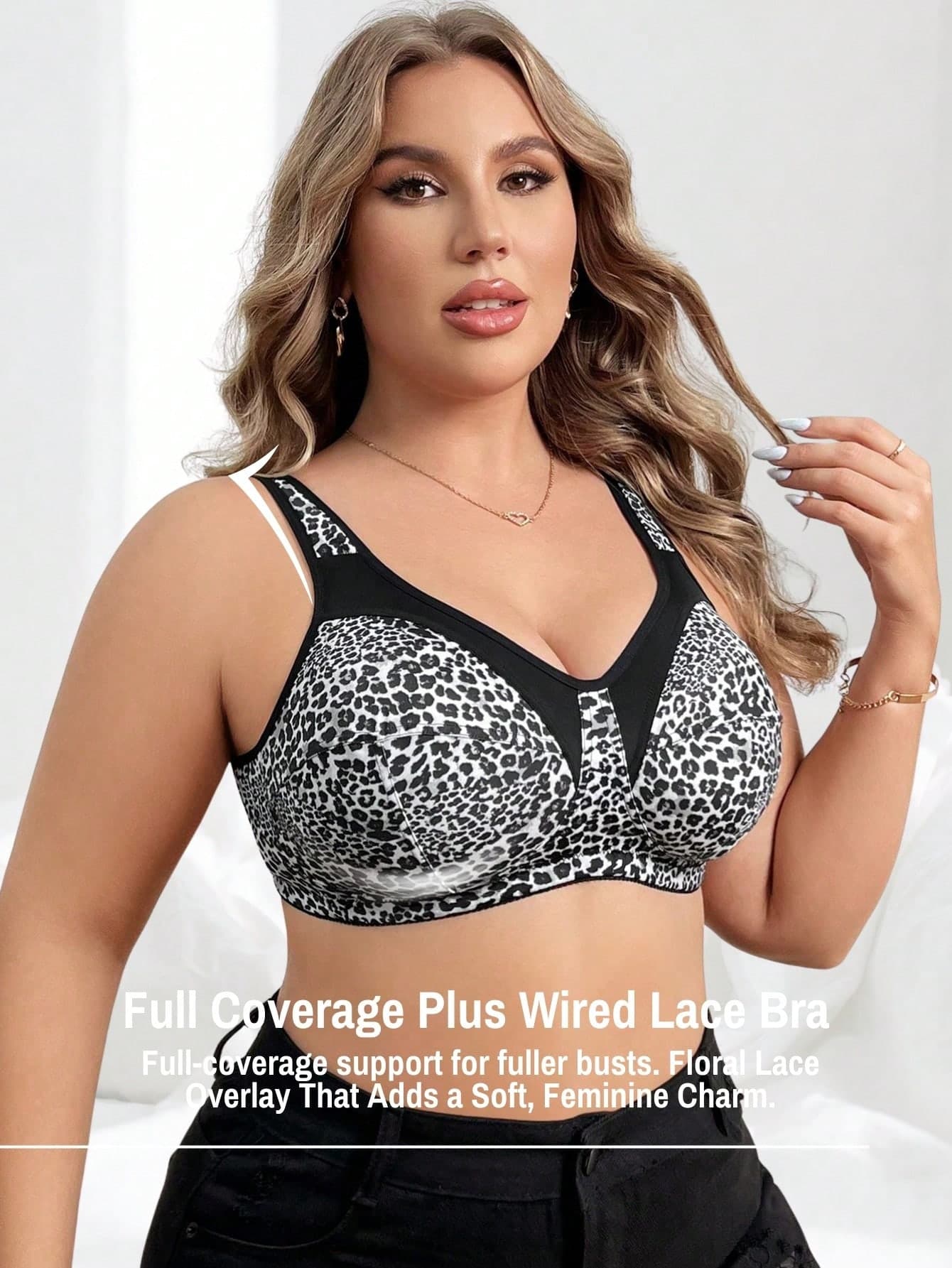 SHEIN 1pc Plus Size Splice Leopard Print Wireless Bra