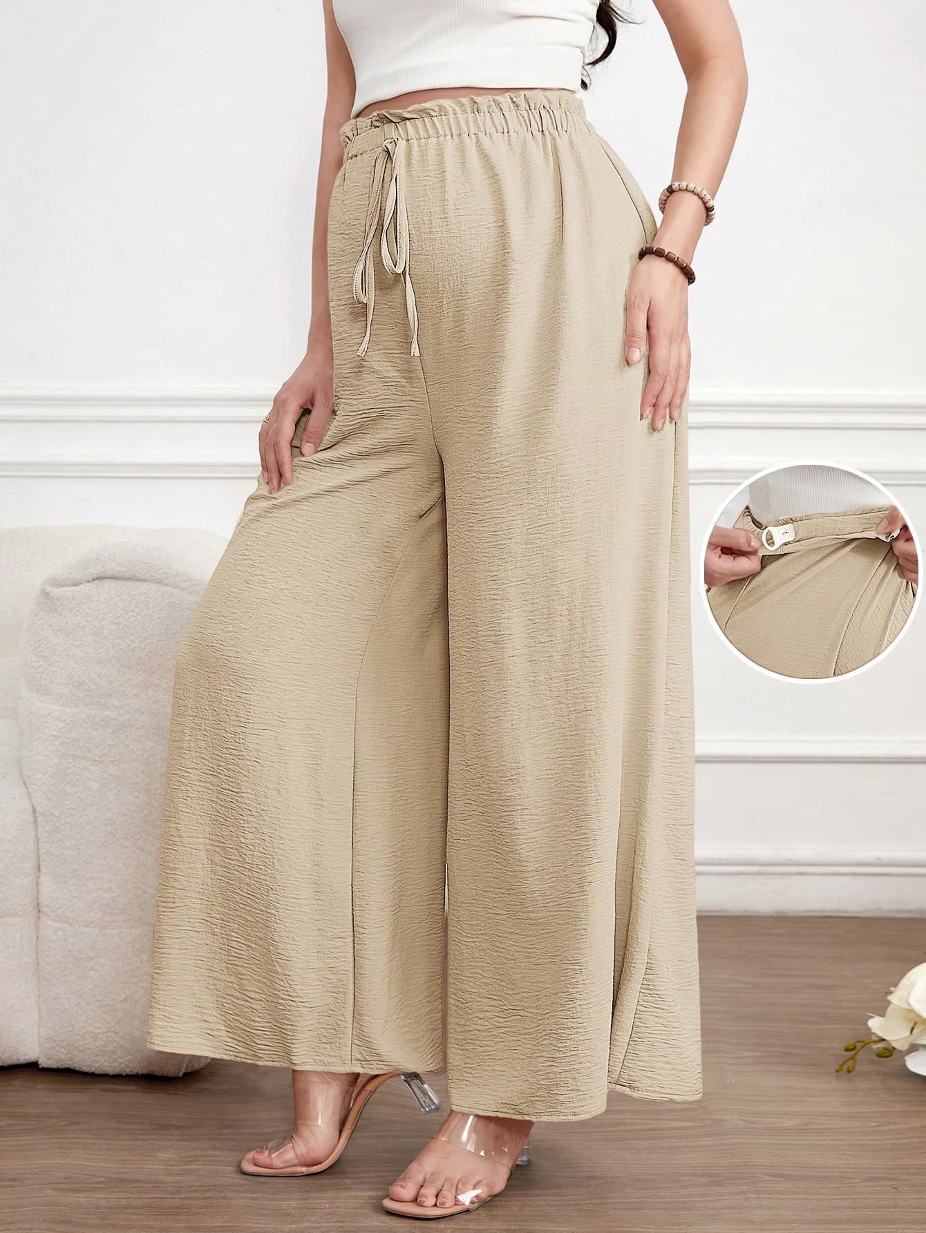 SHEIN Maternity Solid Color Adjustable Waist Casual Versatile Wide Leg Pants For Daily Wear Spring Lounge Fall