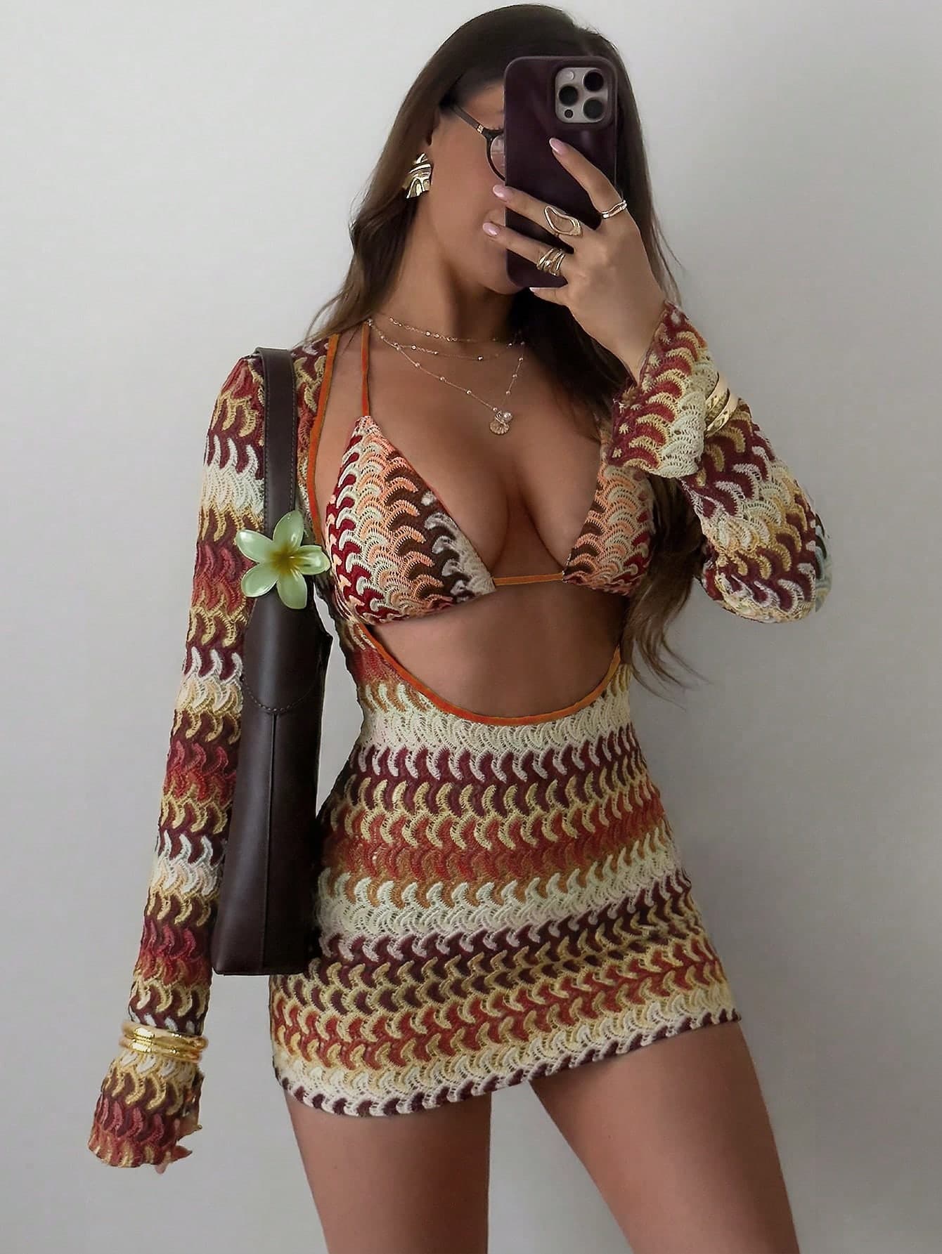 Swim SXY 3pcs/Set Women's Sexy Colorful Hollow Striped Cover-Up, Triangle Bikini Swimwear Set, Spring/Summer