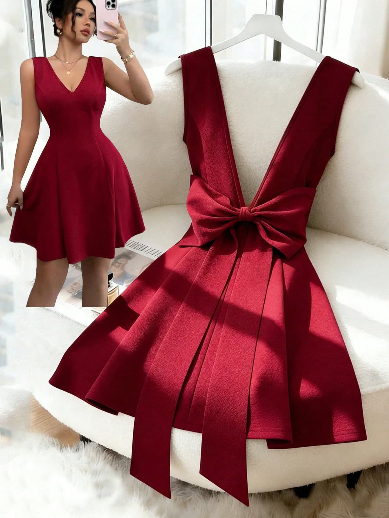 Elenzga New Elegant Sexy V-Neck Backless Fitted Dress With Bowknot Waist, Burgundy Color, Luxury European Style, Suitable For Independence Day And Holidays