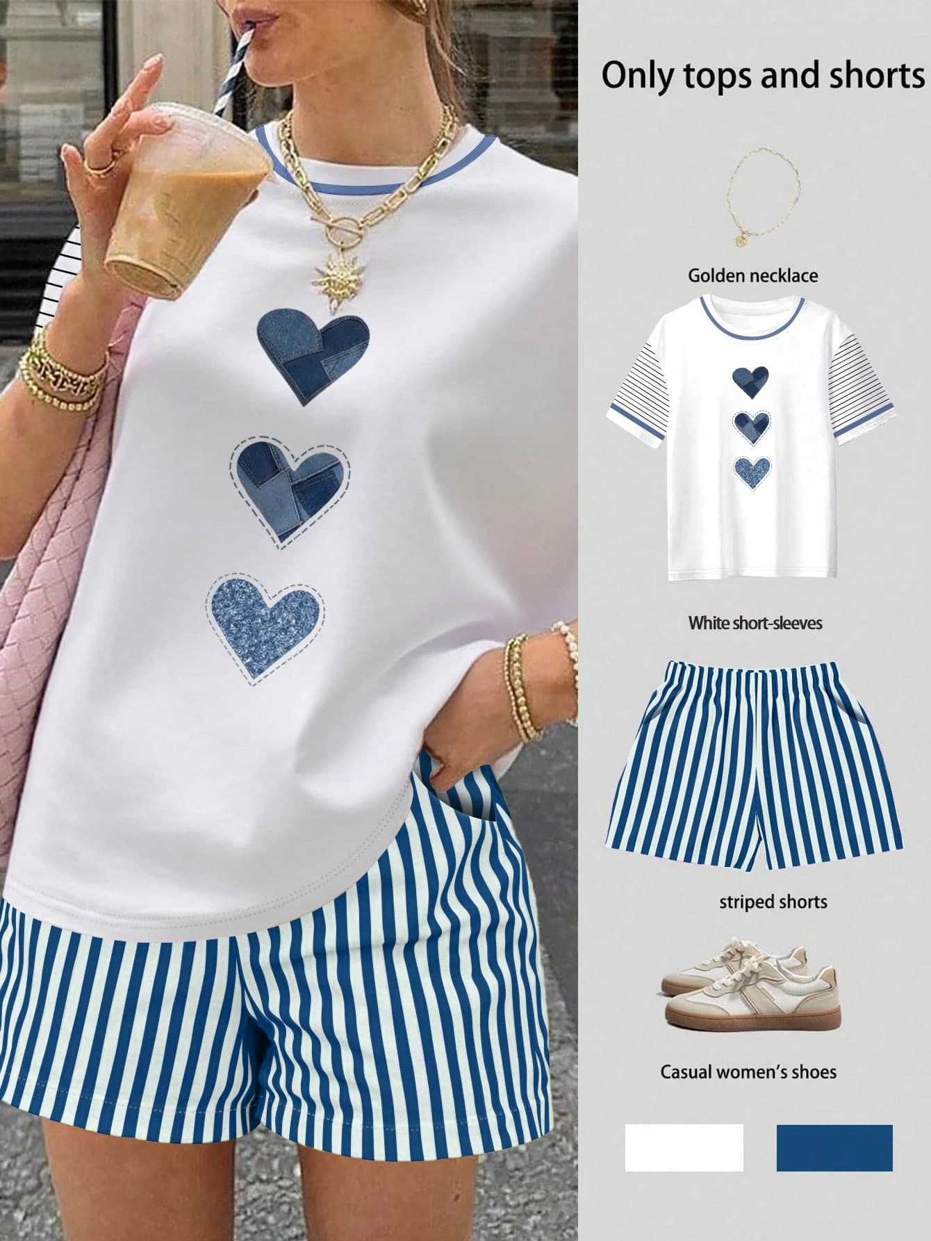 SHEIN PariChic Women's Summer Casual Vacation & Commute Heart & Stripe Print Short Sleeve T-Shirt And Shorts 2-Piece Set