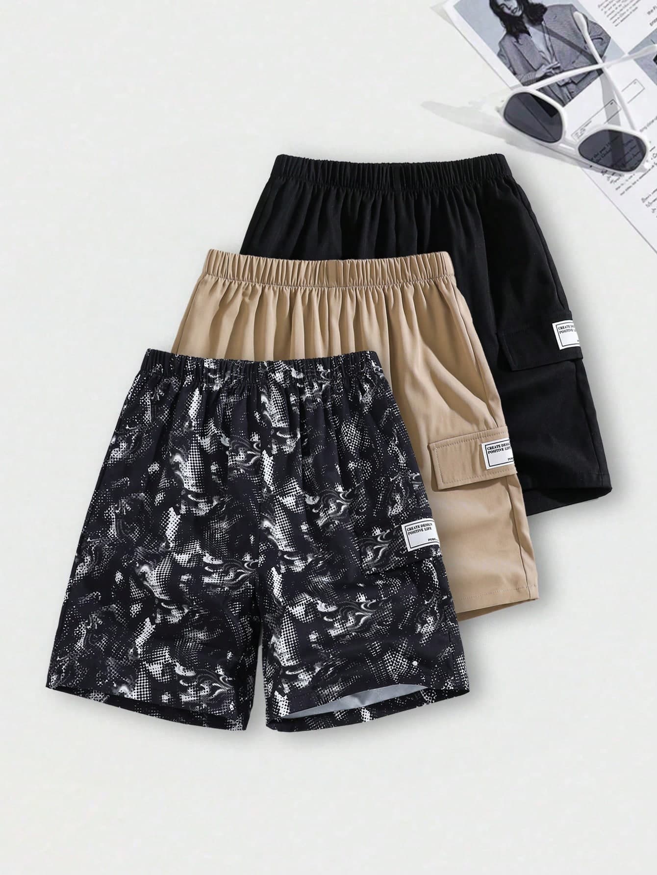 SHEIN 3 Pcs Tween Boy Loose Casual Solid Color Sports Workwear Shorts Multi Piece Set,Black,Summer,Casual,Hiking,Versatile Basic School Campus College Wear