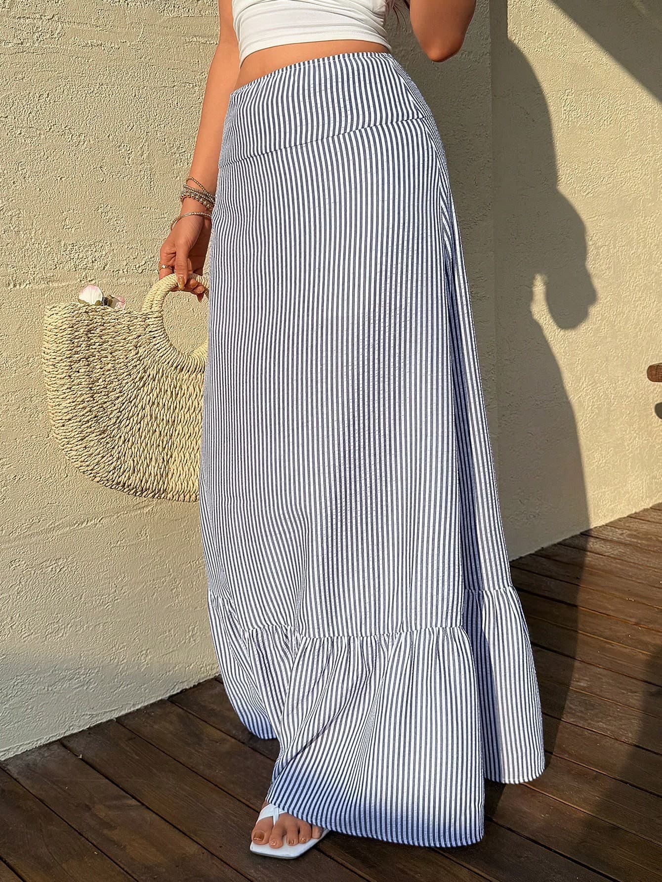 Sunnyshic Women's Striped Pleated Casual Versatile Date & Outing A-Line Skirt