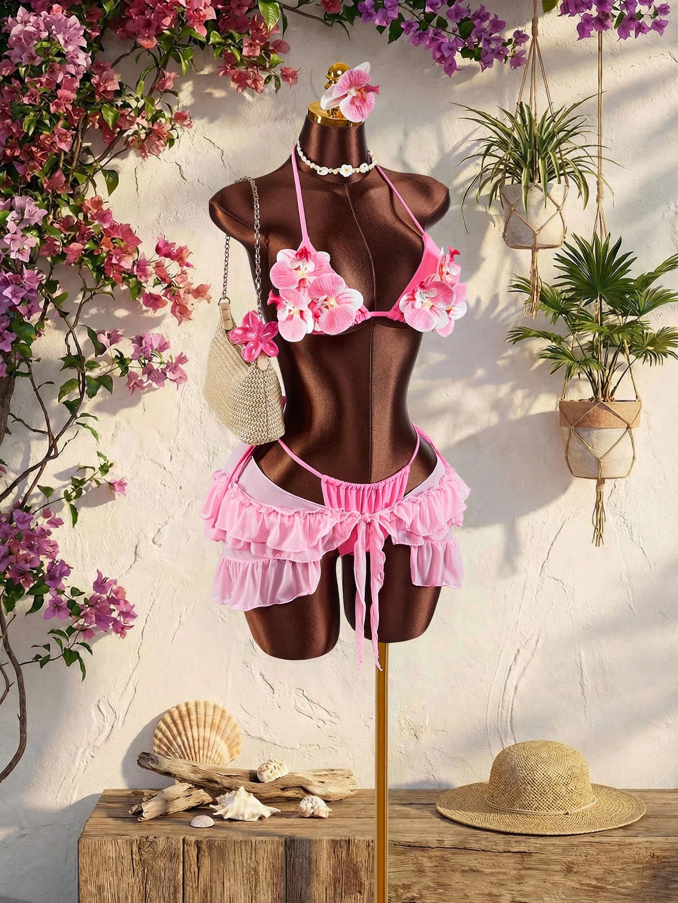 Amplova 3pcs Women's Swimwear Set,Pink 3D Floral Butterfly Orchid Cups,Ruffle Hem Cover-Up With Front Tie,Summer Tropical Beach Holiday Vacation Holiday
