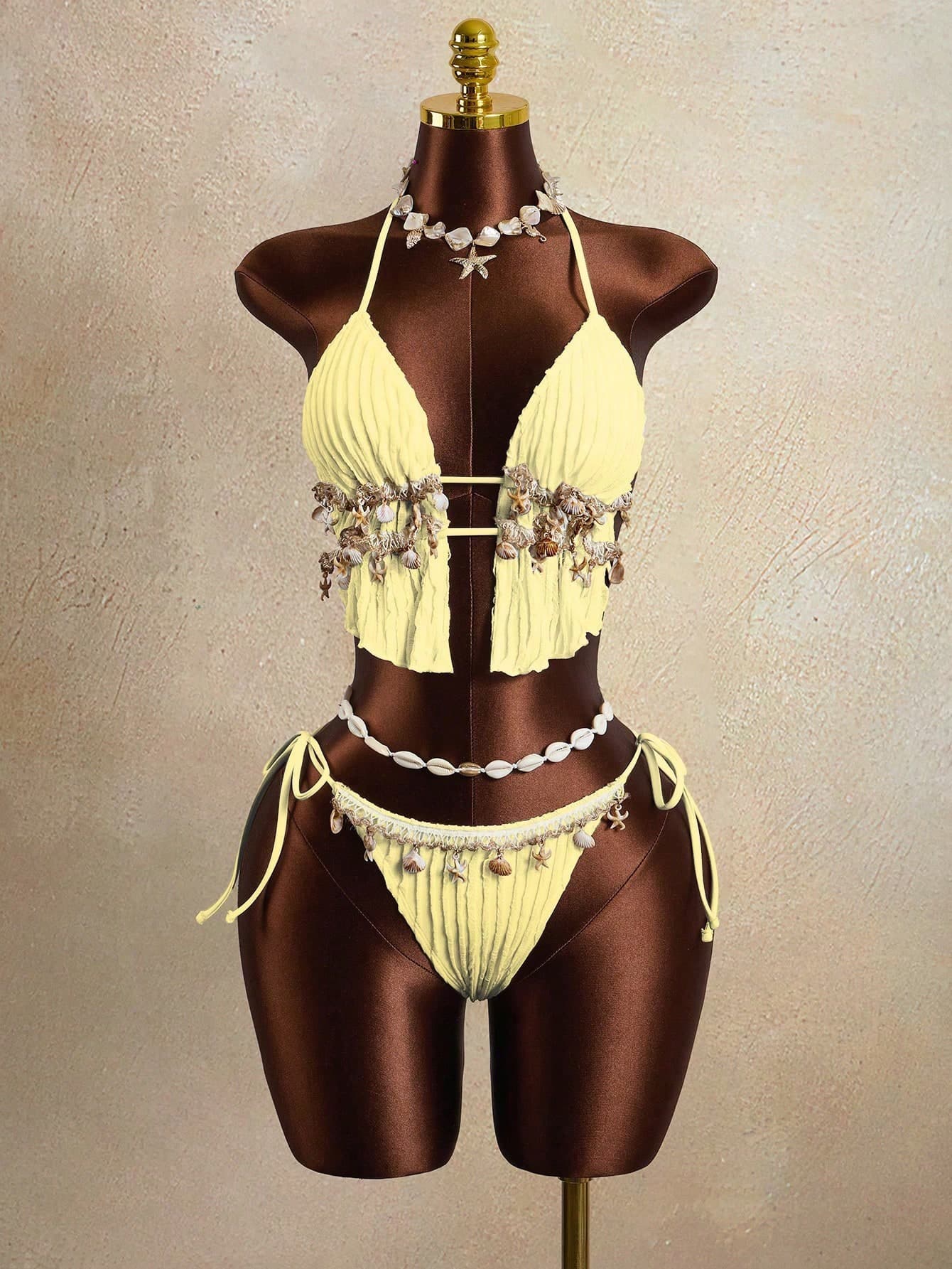 Zestiva Women's 2 Pieces Wavy Striped Shell Tape Splice Tie Neck Bikini Set, Summer