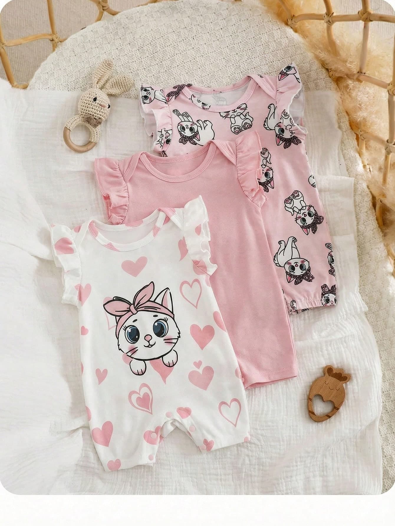 SHEIN 3pcs/Set Newborn Baby Girl Cute Cartoon Pattern Knitted Romper Set, Summer