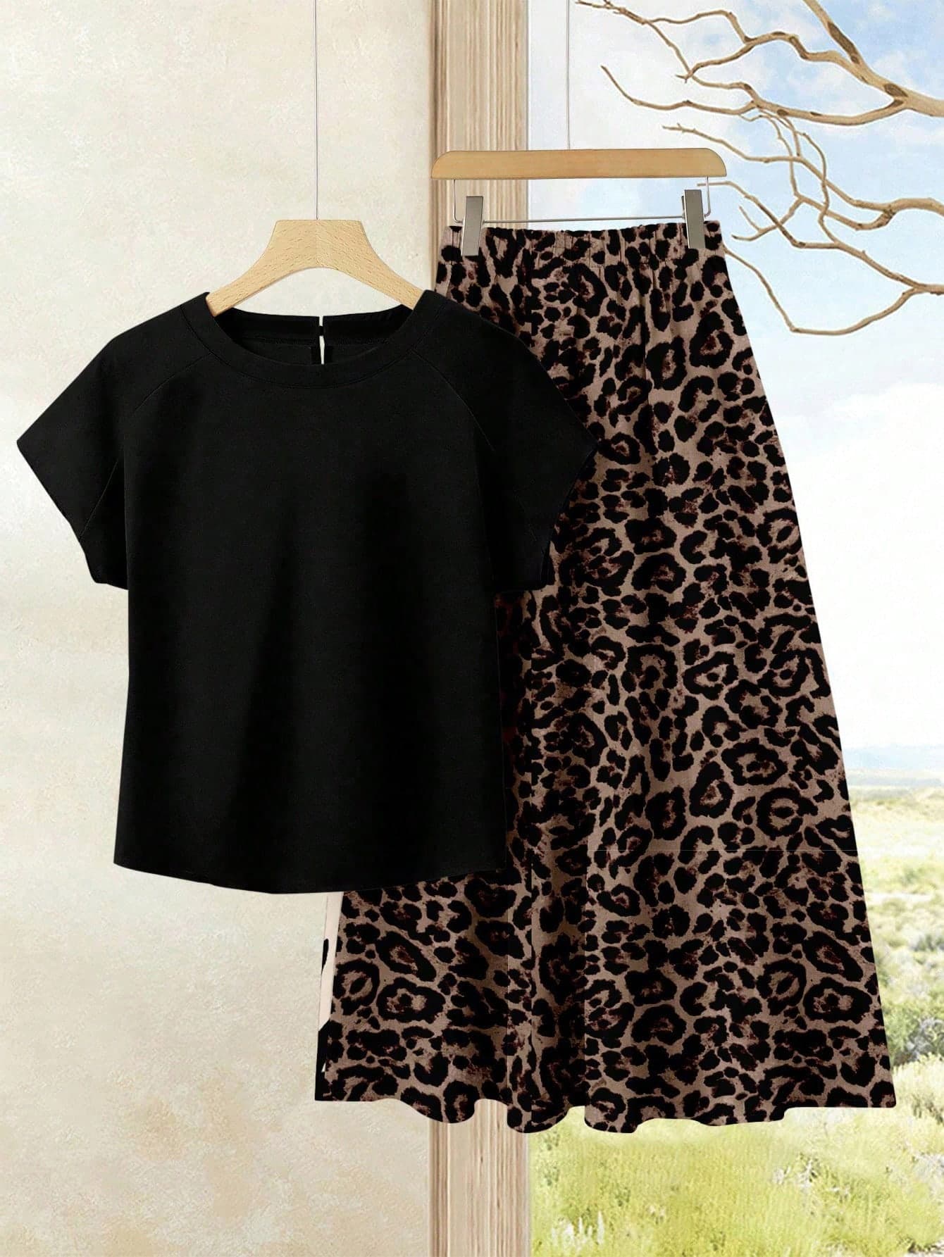 Rusticease 2pcs/Set Women's Vacation Casual Solid Color Top+Printed Skirt Set, Summer Outfit, And Top Printed Carnival,Casual