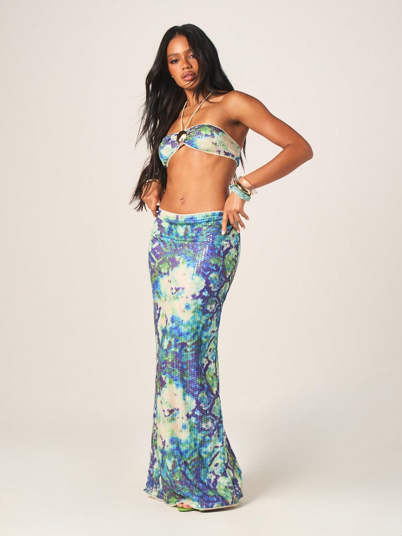 MISSGUIDED Sequin Tie Dye Halter Bandeau Bra Top And Maxi Skirt Co-Ord Set Two Piece Outfit Summer Festival Party Wear
