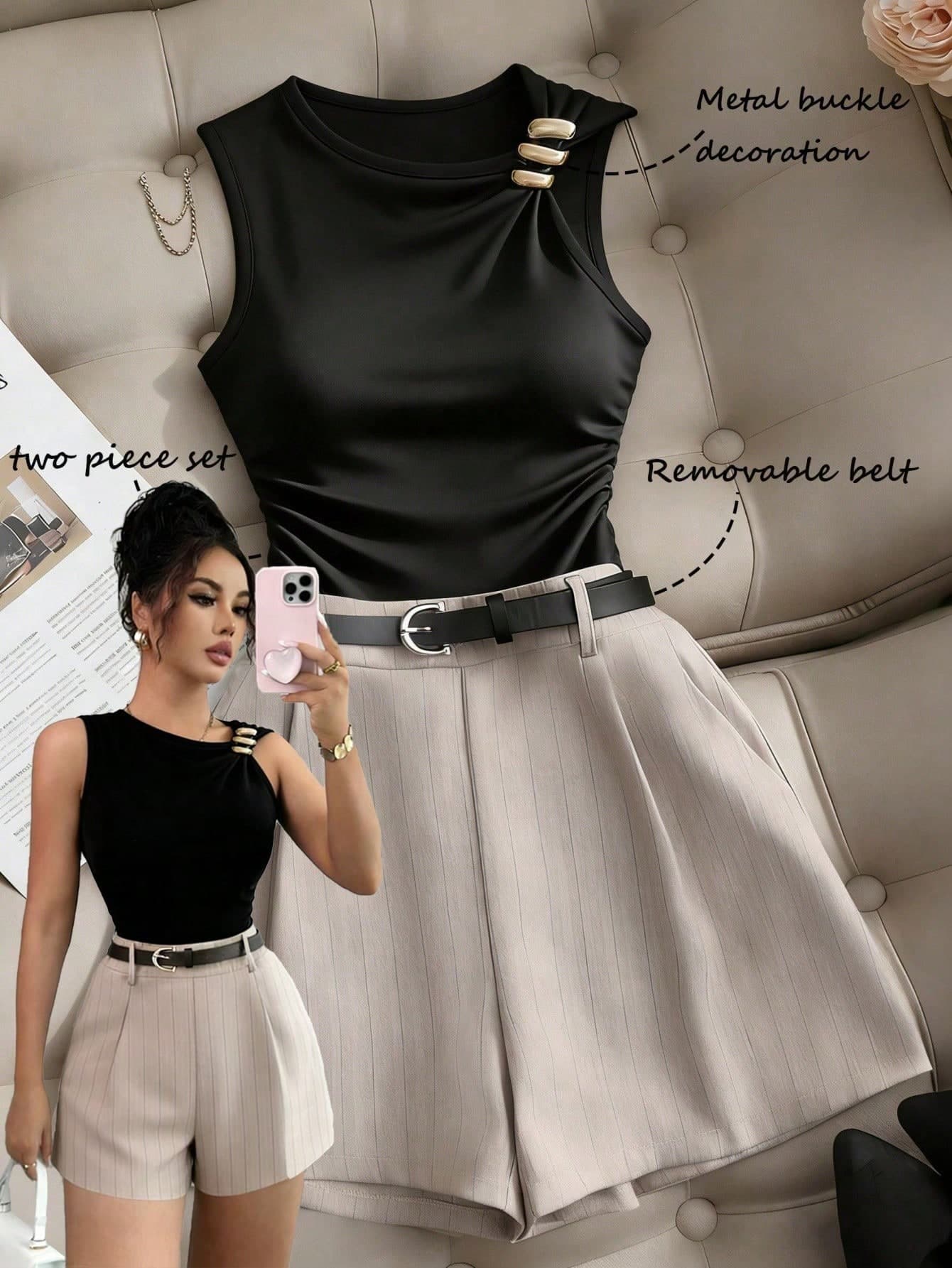 SHEIN Franclia Multicolor Plain Knitted Fabric Sleeveless Top And Shorts Two Piece Set With Removable Belt And Zipper Detail Casual Style