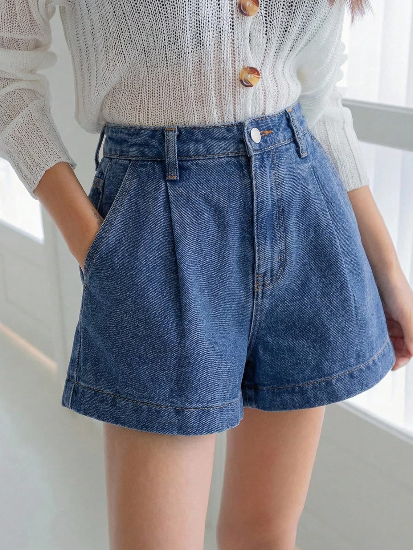 Teen Girl Summer Boho Casual High Waist Solid Washed Pleated Baggy Wide Leg Denim Shorts,Suitable For Travel And Gathering, Spring/Summer Preppy Aesthetic Denim,Summer Pleated,Casuals, Holiday,Summer Holiday,Spring,Valentines Day,Casual