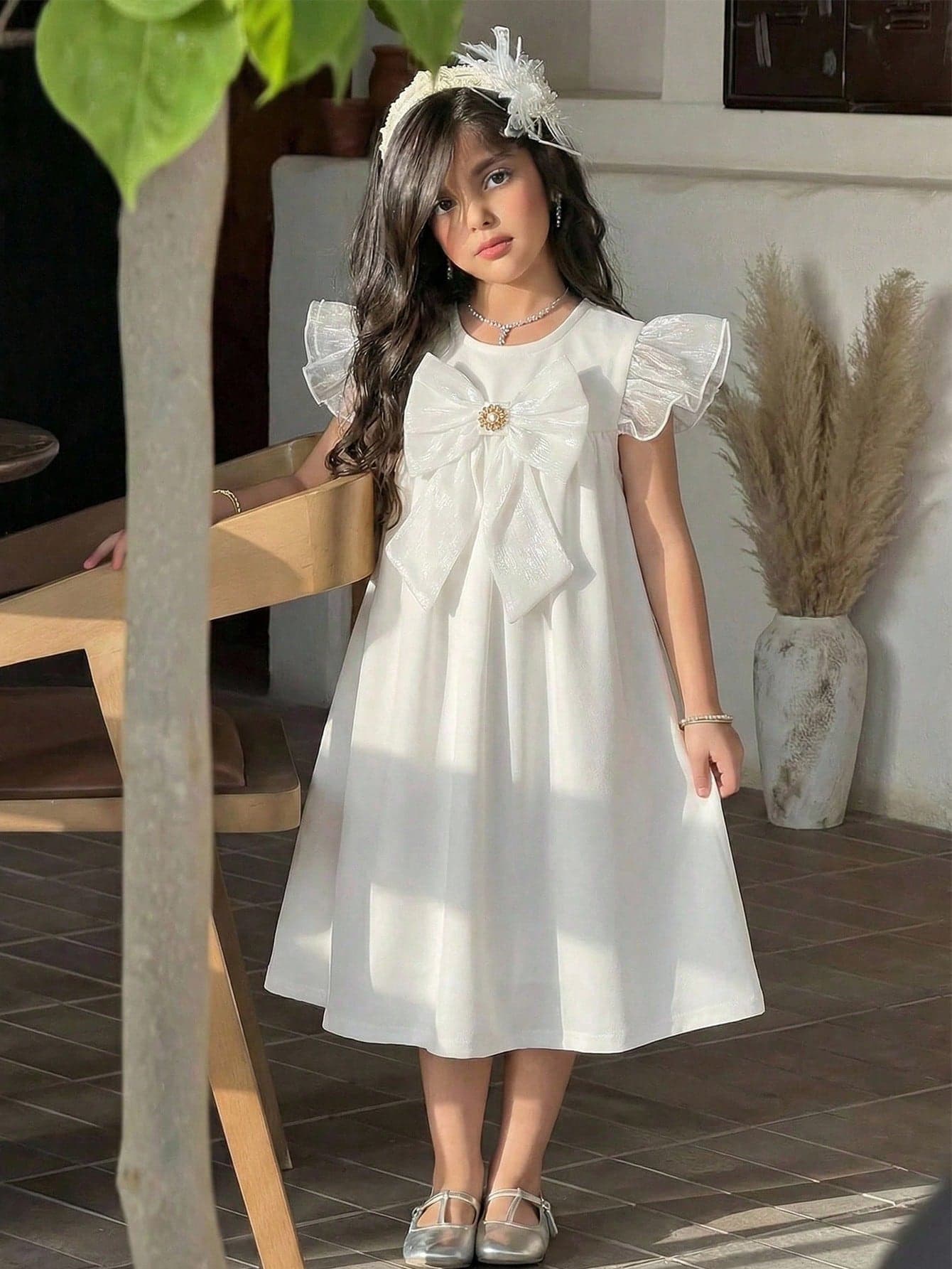 SHEIN Young Girl Solid Color Round Neck Bow Decor Casual Knit Dress Ivory Kids Dress Young Girl White Elegant Dress,Kids