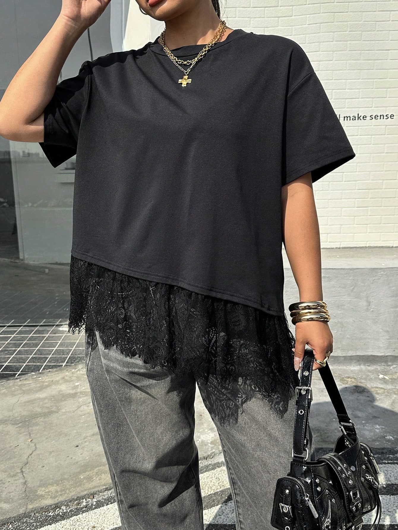 Muchica Plus Size Women's Black Summer T-Shirt,Smart Casual Formal Everyday Going Out Solid Round Neck Short Sleeve Contrast Lace Asymmetric Hem Loose Tops