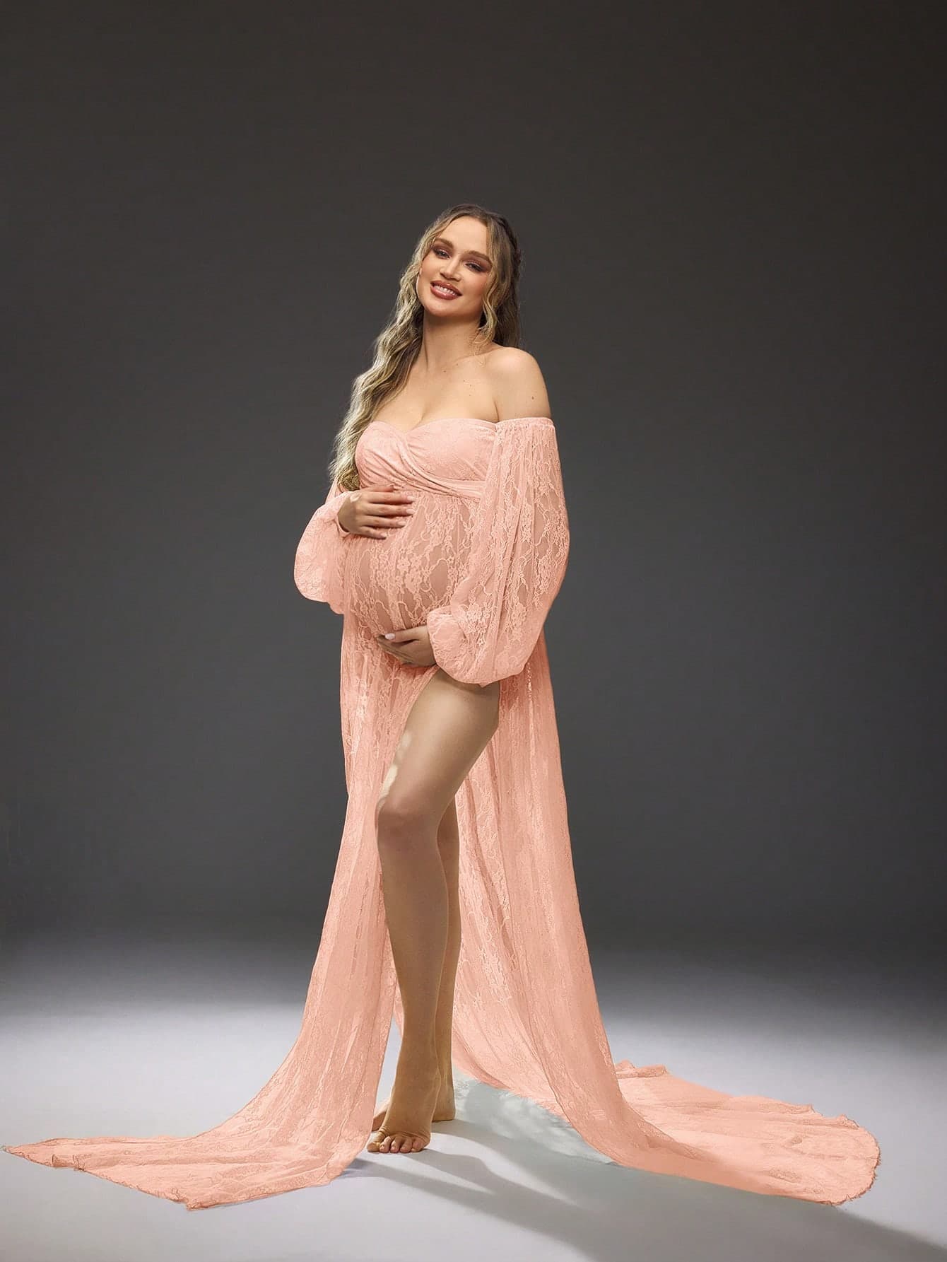 Cheriluna Maternity Maternity Off-Shoulder Lace Patchwork Open Slit Design Photoshoot Dress