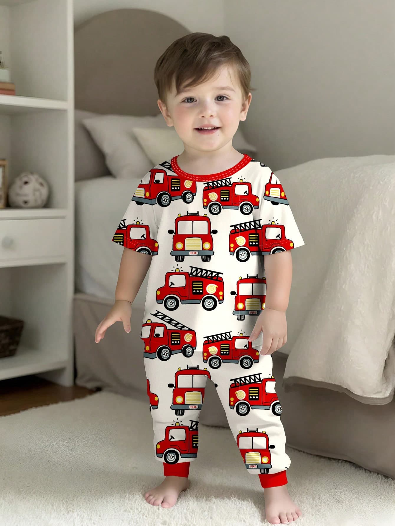 SHEIN Toddler Boys Round Neck Short Sleeve Long Pajama Set Featuring Fun Cartoon Fire Truck Pattern Baby Boy Clothes Pajamas Firetruck Outfit 2 Piece Cotton