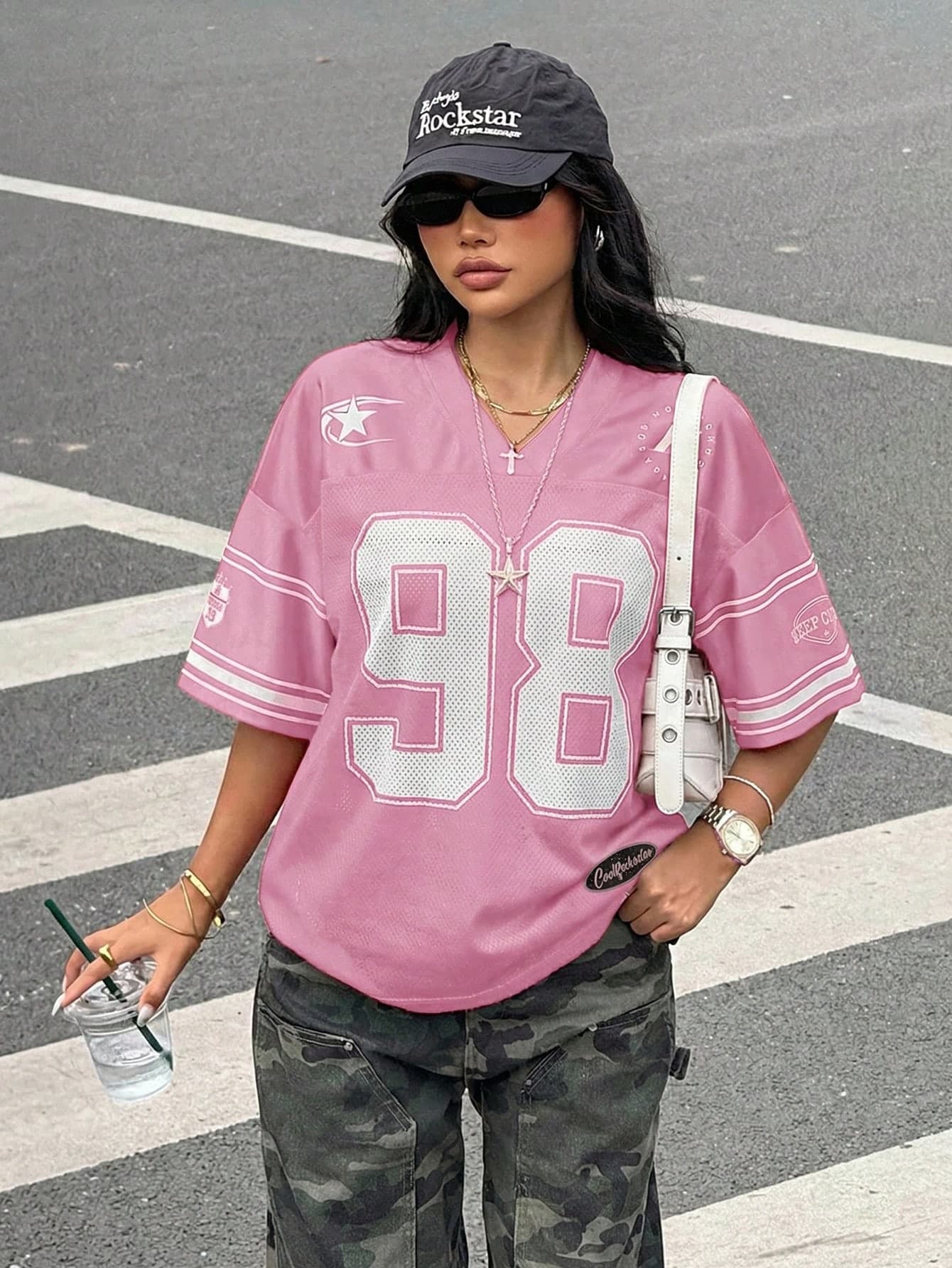 SHEIN Teen Girls' V-Neck Pink Summer Y2K Holiday Jersey Streetwear,Oversized Number Graphic Baseball T-Shirt,Loose Contrast Color Short Sleeve Sports Tops