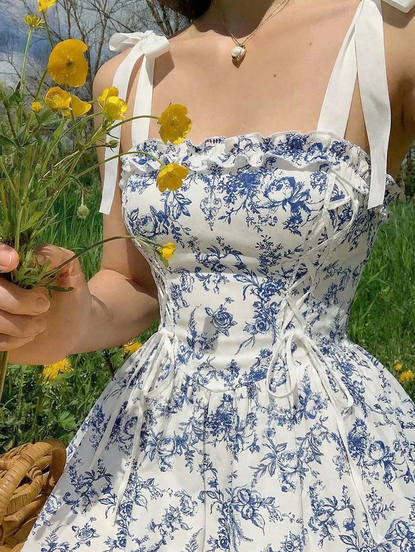 Skyraze Women's White And Blue Floral Summer Modest Picnic Dress,Tie Shoulder Waist Cinched Flare Silhouette,Corset-Inspired Bodice Ruffled Neckline Boho