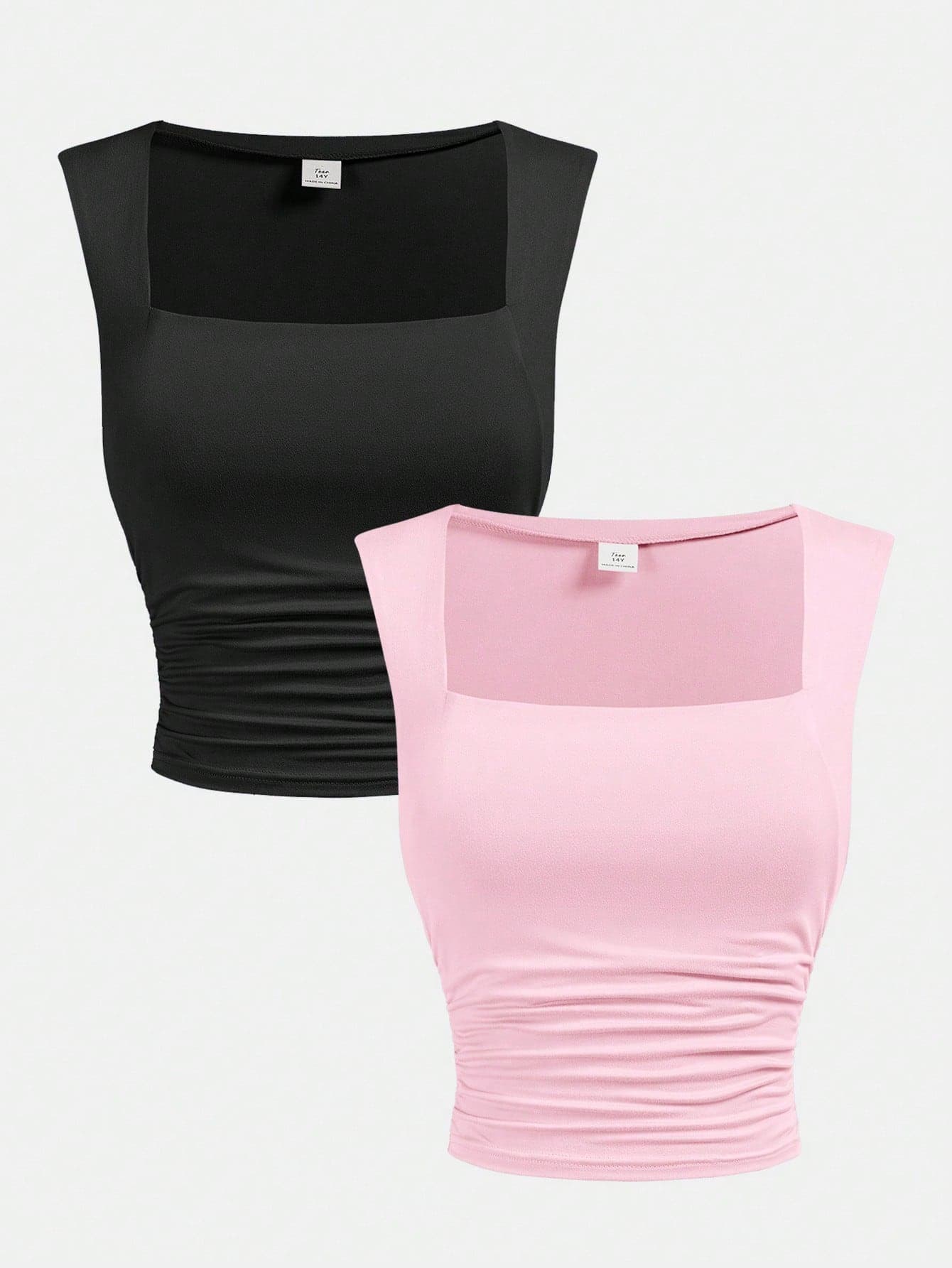 SHEIN Girlism Teen Girls 2pcs Set Black & Pink Ribbed Ruched Crew Neck Sleeveless Camisole