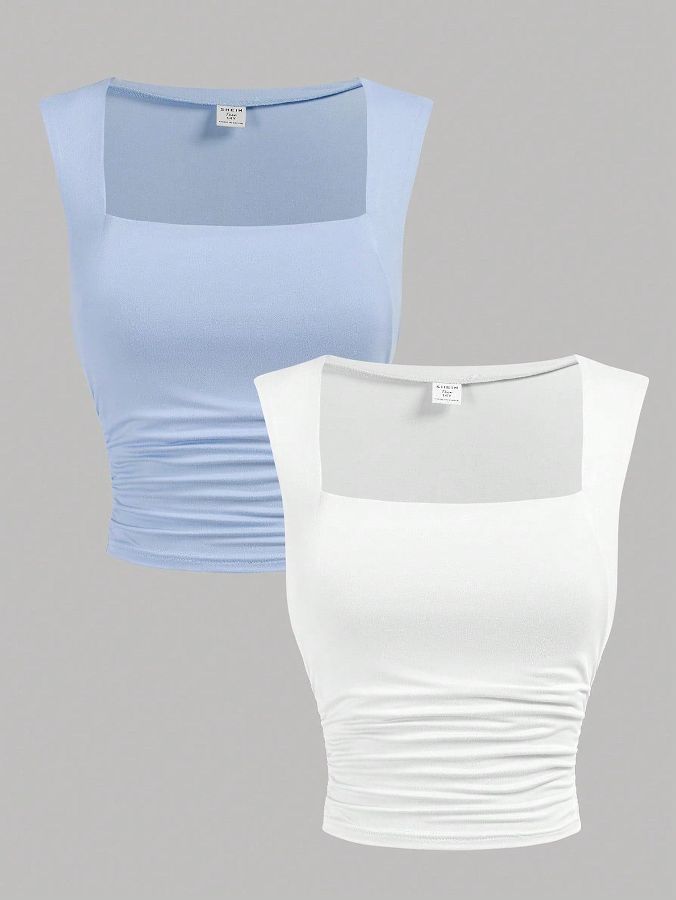 SHEIN Girlism Teen Girls 2pcs/Set Blue & White Knit Ruched Waist Sleeveless Crop Top Layering Set,Kids