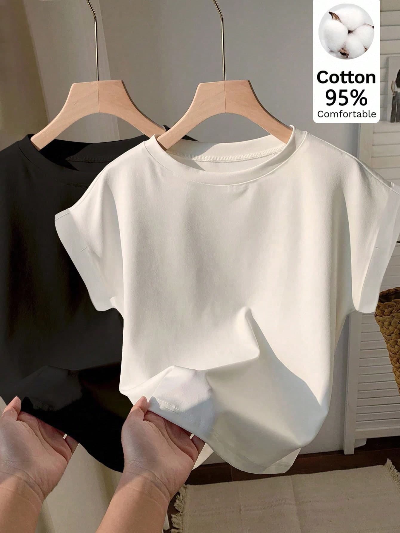 Comfortcana 2pcs 95% Cotton Comfortable White Summer Casual Everyday Round Neck Raglan Sleeve Short Sleeve T-Shirt,Oversized Fit,Suitable For Vacation,Party