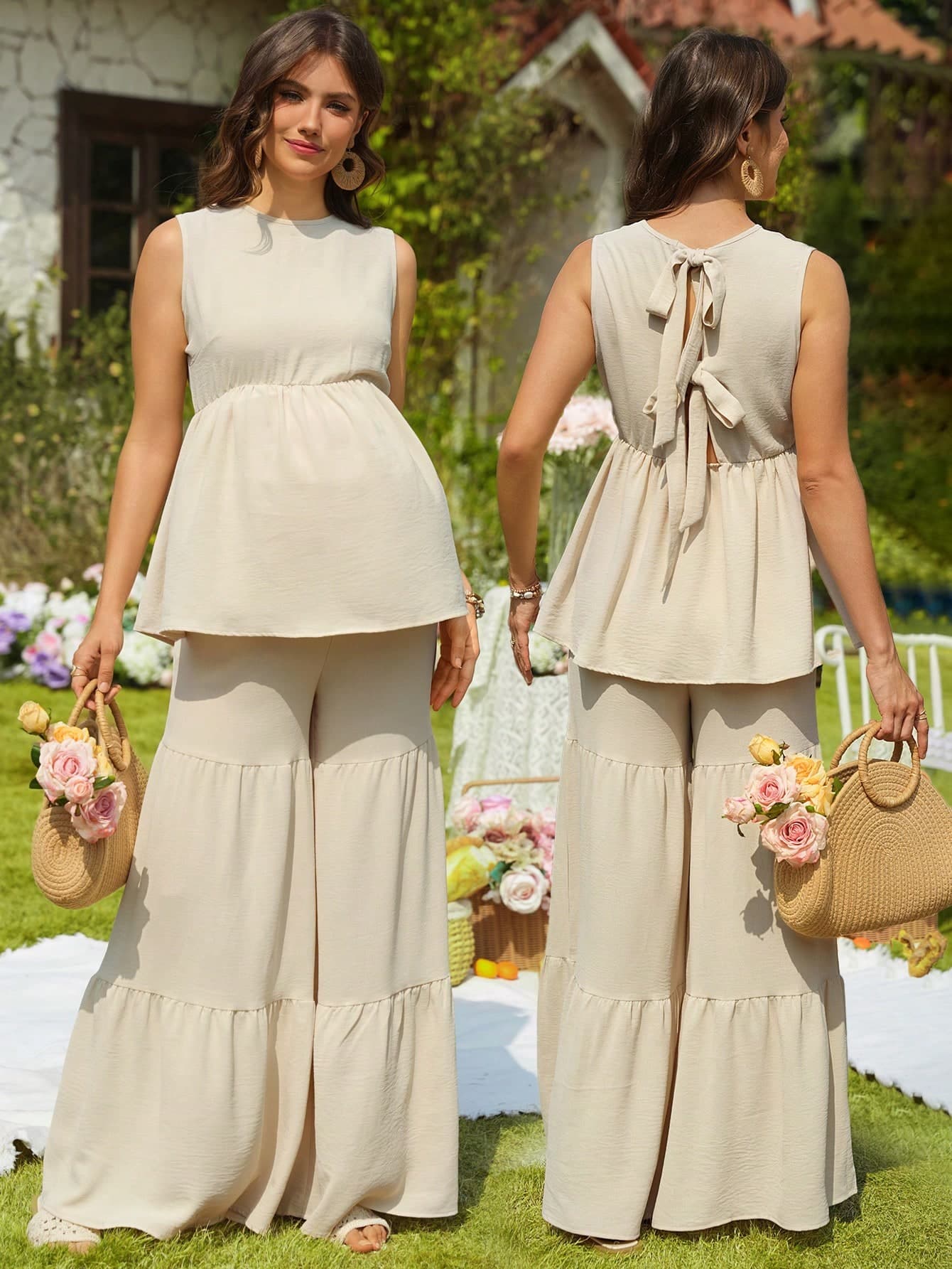 SHEIN Women's Solid Color Camisole Backless Bow Tie Strap Pants Casual Maternity 2-Piece Set, Apricot Spring/Summer Outfit, Maternity Beach Holiday Wear