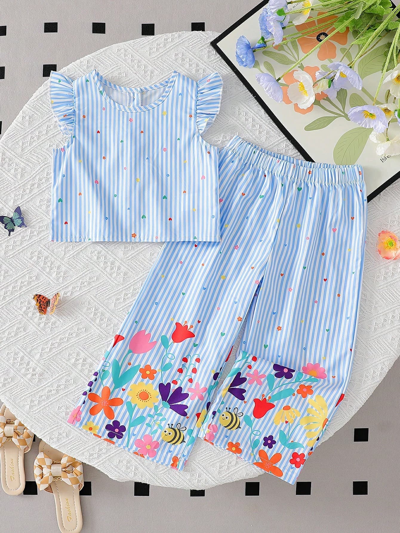 Elladie kids Young Girls Textured Fabric Short Sleeve T-Shirt With Button Back Design & Casual Long Pants Set