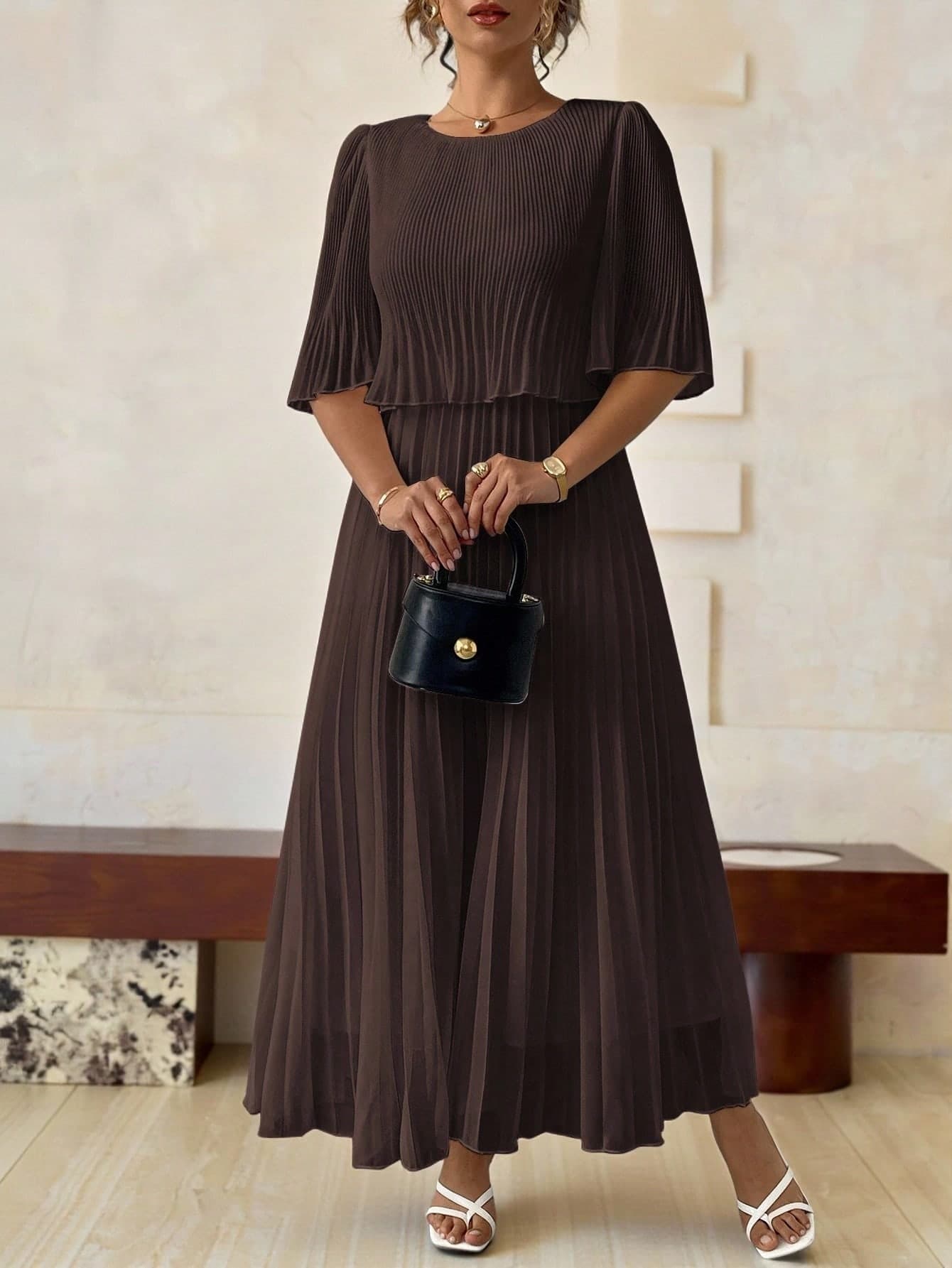Elenzga Plus Size Elegant Formal Lady-Like Chiffon Pleated Maxi Dress Solid Color Chocolate Brown Autumn Tea Party Evening Wedding Office Long Dress Fall