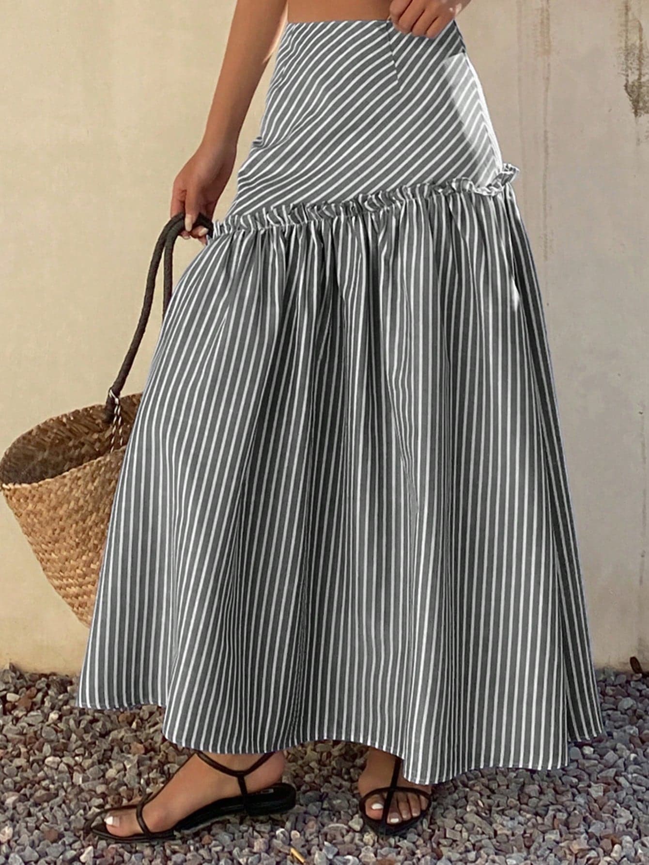 Livesso Spring & Summer Loose Casual Vacation Beach Fashion Asymmetric Frill Trim Striped Print High Waist Women Skirt