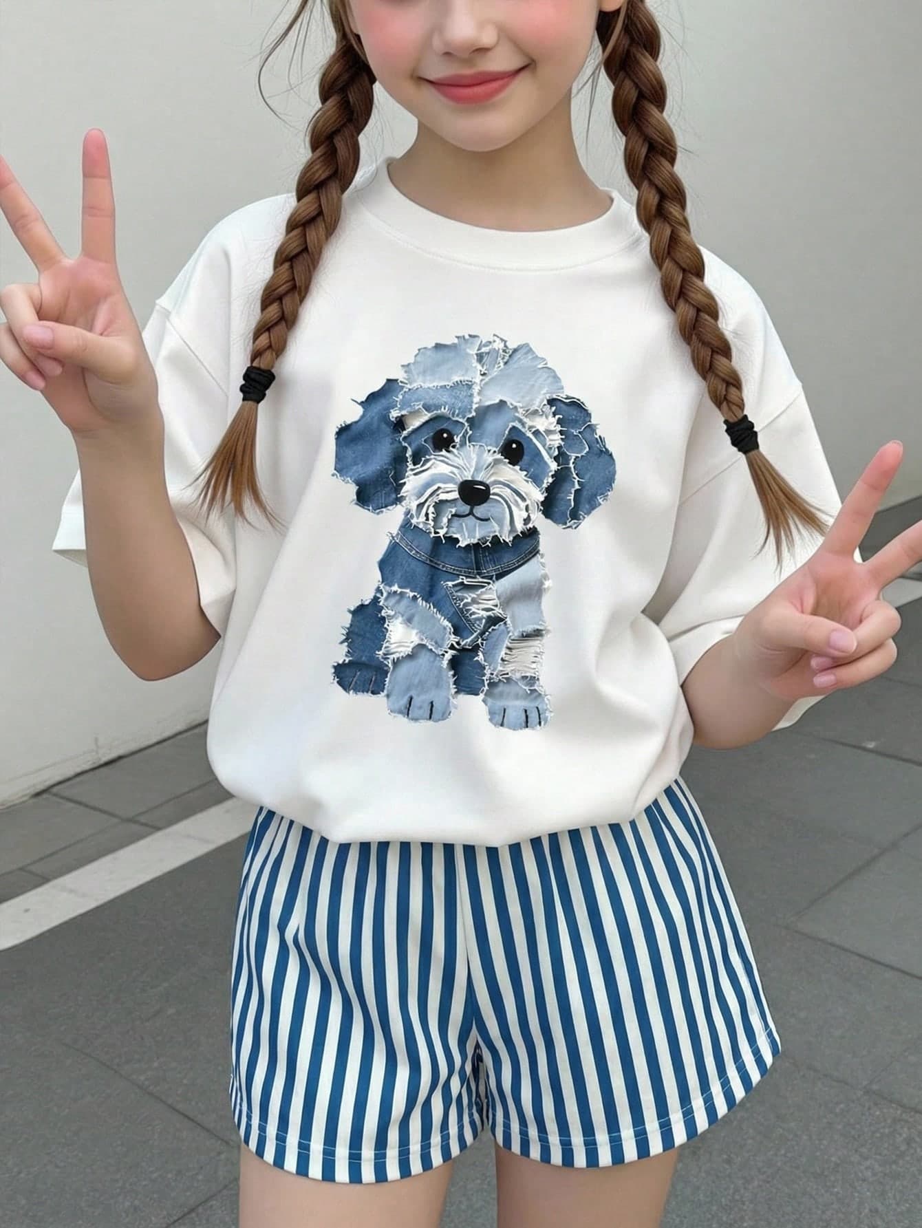 Tween Girls Casual Cute Textured Puppy Graphic Loose Crew Neck Short Sleeve T-Shirt And Striped Shorts 2 Piece Set,Suitable For Spring Summer