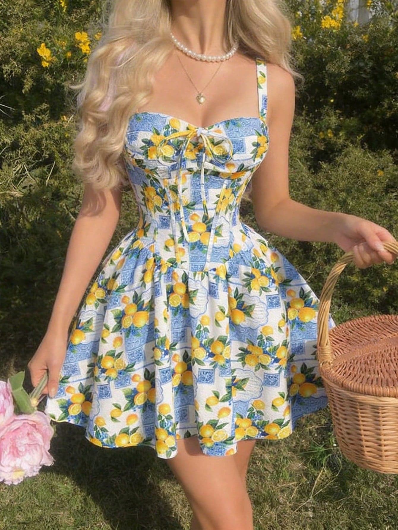 Skyraze White And Blue Floral,Summer,Casual,Holiday,Party,Picnic,Holiday,Yellow Lemon Print Dress,Sleeveless Square Neck With Tie,Flared Skirt Easter Outfits