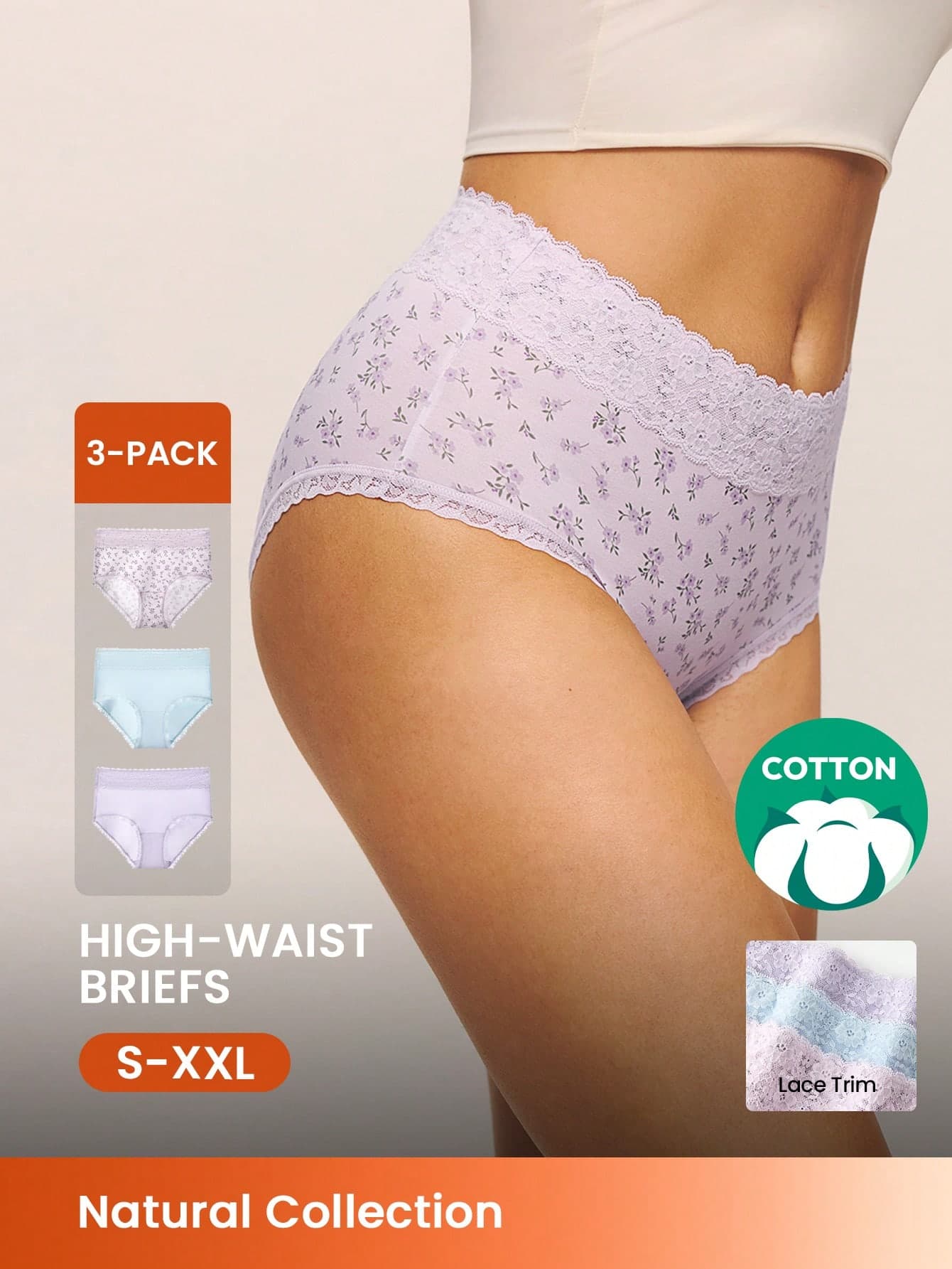 LUVLETTE 3-Pack Lace Trim Cotton High-Waist Briefs Women Underwear Panties Set- Floral Print Lace Trim