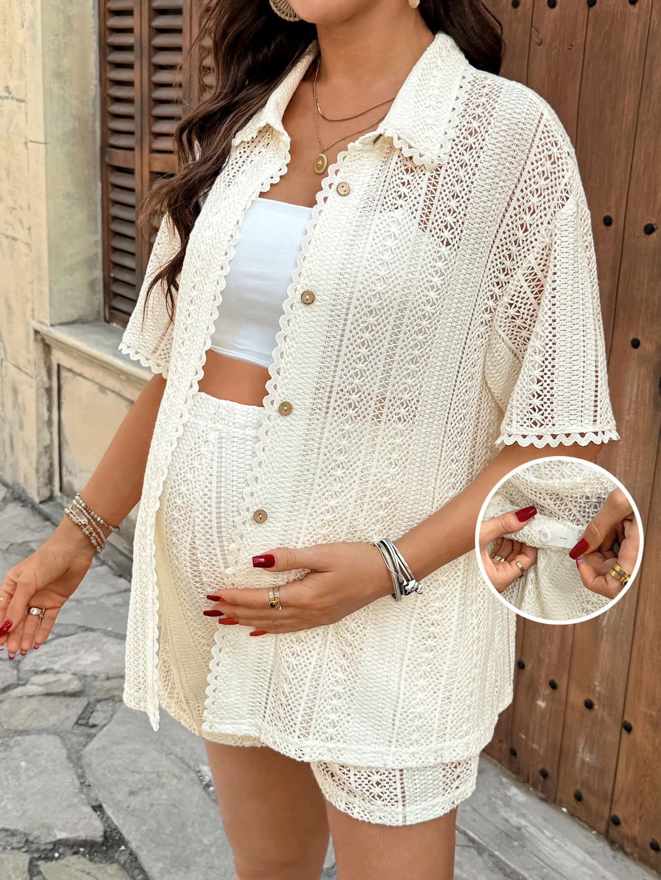 SHEIN 2pcs Maternity Hollow Out Mid-Sleeve Top & Adjustable Waist Shorts Set,Pregnant Elegant Summer Holiday Maternity Vacation Peach Crochet Outfit