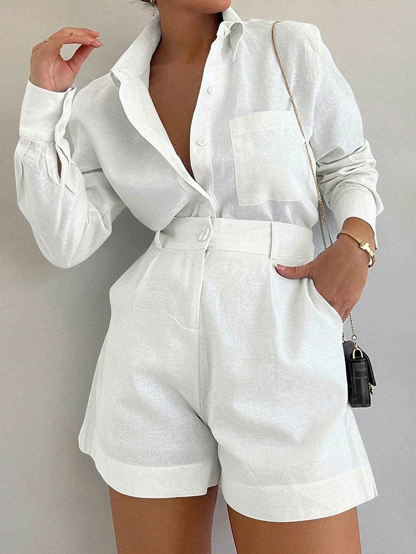 Dayvera Summer White Elegant Modest Holiday Vacation Holiday Textured Linen Solid Color Shirt And Shorts 2 Pieces Set,Women Casual Commuter Old Money Style
