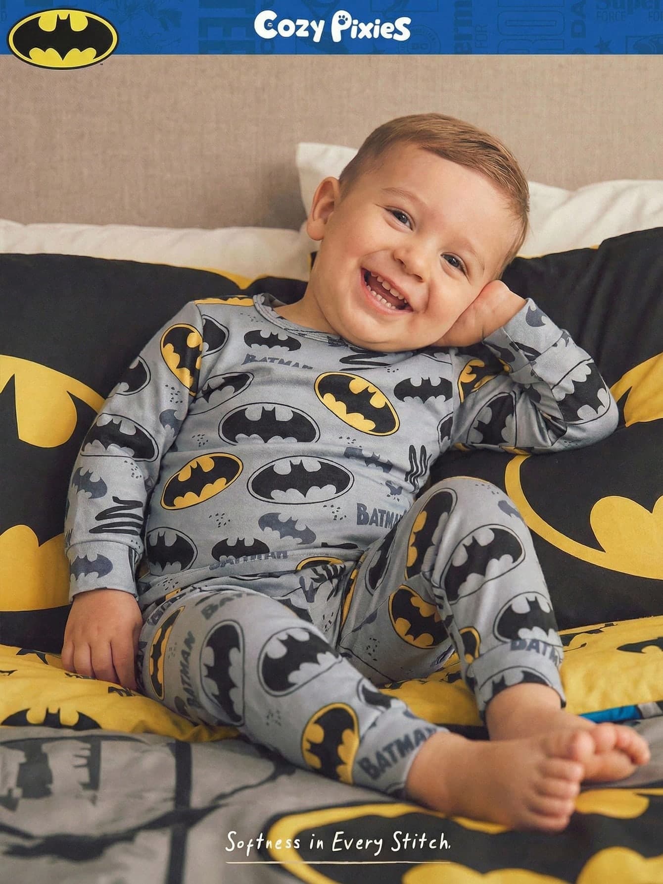 BATMAN X Cozy Pixies Baby Boy Snug Fit Pajama Set,Bat Pattern Soft Knit Crew Neck Long Sleeve Top And Elastic Waist Pants,2pcs Clothes With Bats Toddler Pj Sets,Kids