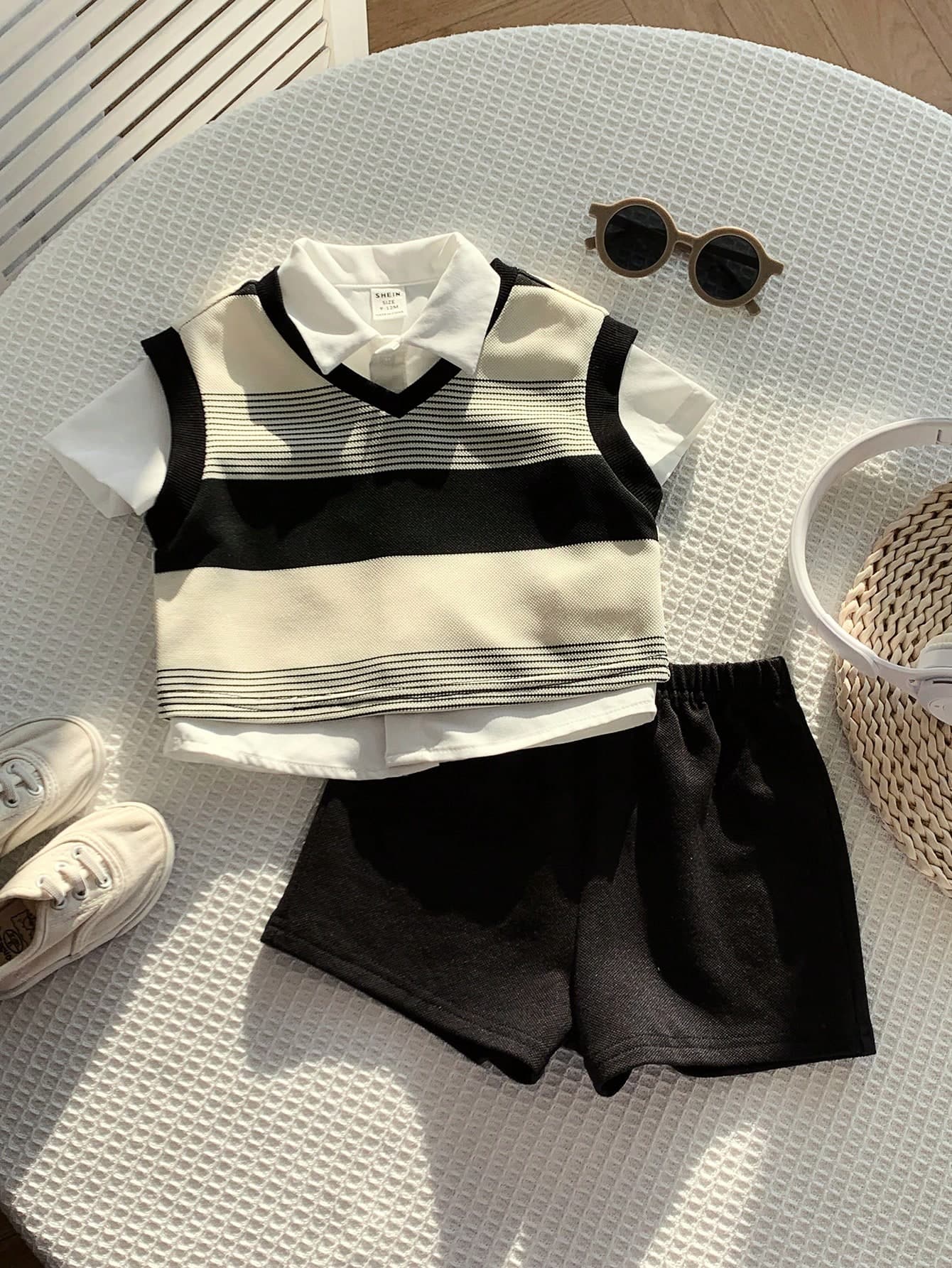 SHEIN 3pcs Baby Boy Summer Preppy Black And White Checkered Striped Patchwork Vest,White Shirt,Shorts Set For Page Boy,Back-To-School,Wedding,Birthday Party