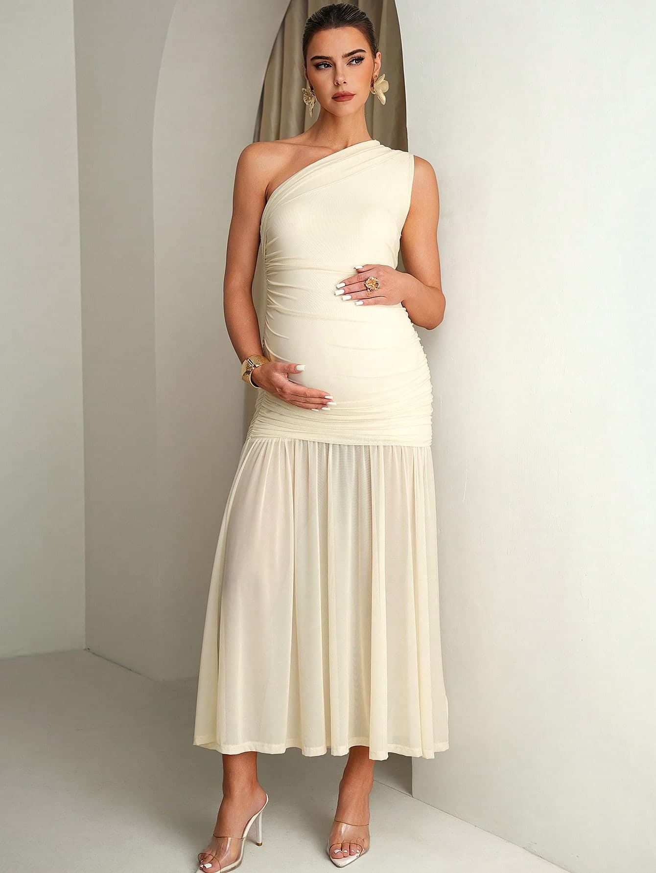 MaterniChic Maternity Clothes Maternity Dress Apricot-Colored Dress, High Elasticity And Elegance,Elegant Solid Color One-Shoulder Maternity Dress For Summer