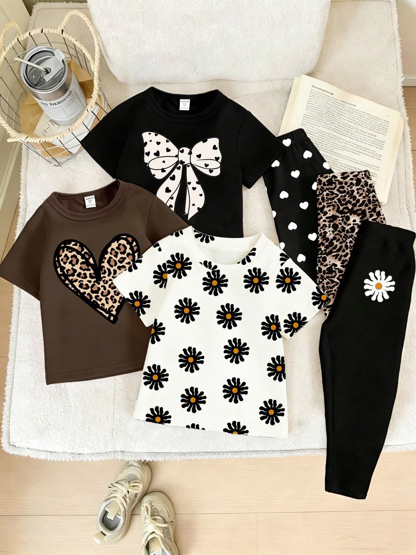 2pcs/Set Girls' Casual Chic Bowknot Leopard Print Pattern T-Shirt And Leggings Outfit, Comfortable Daily Wear For Spring, Summer And Autumn