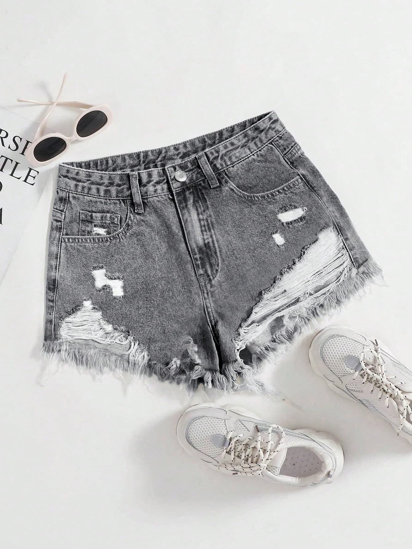 SHEIN EZwear Plain Color Distressed Frayed Edge Slant Pocket Sexy Denim Shorts
