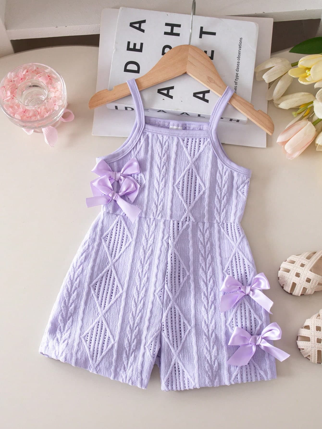 SHEIN Playful Pals Baby Girls' Casual Sleeveless Elastic Waist Short Jumpsuit, Solid Color Textured Fabric With 3D Bow Decor, Summer Pink