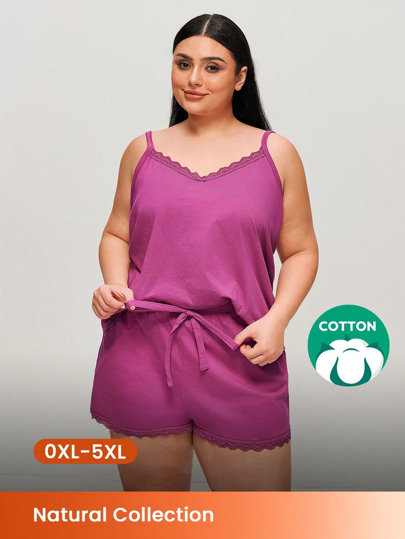 LUVLETTE Plus Size Summer Women Dark Pink Soft 100% Pure Cotton Pajamas Sets Lace Cami & Shorts PJ Set Lounge Set Lingerie Pajama Sets For Women