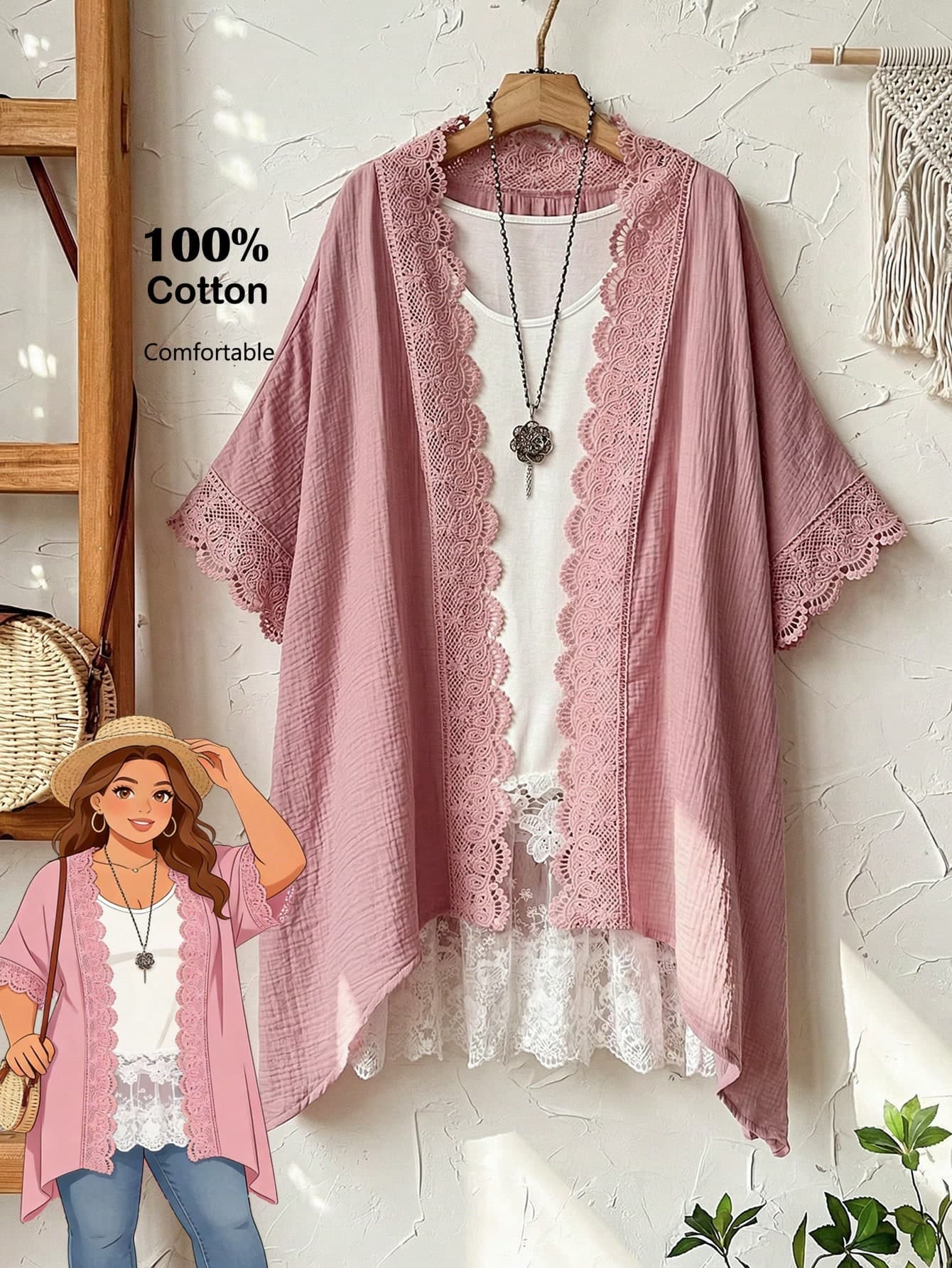 Rusticease Plus Size Women's Elegant Pink Lace Patchwork Kimono,Boho Summer Cardigan Thin Jacket,Pink And Grey,Holiday Casual Vacation Cover Up,2026 New