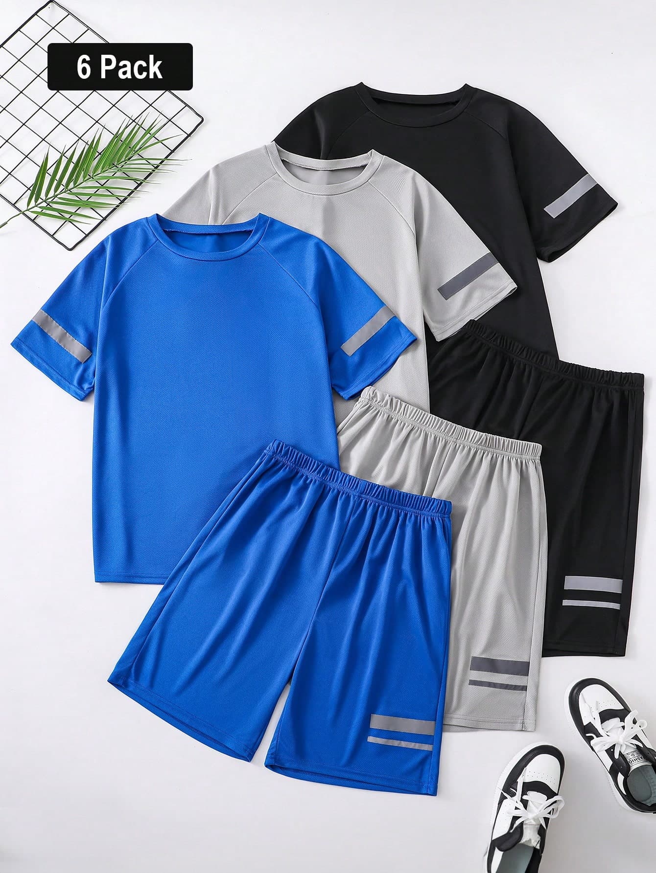 SHEIN Vacaura 6pcs/Set Teenager Boys' Casual Sports Graphic Elastic Crew Neck Short Sleeve T-Shirt & Shorts Set,Summer,Streetwear,Gym,Daily Fitness Outdoor Clothing