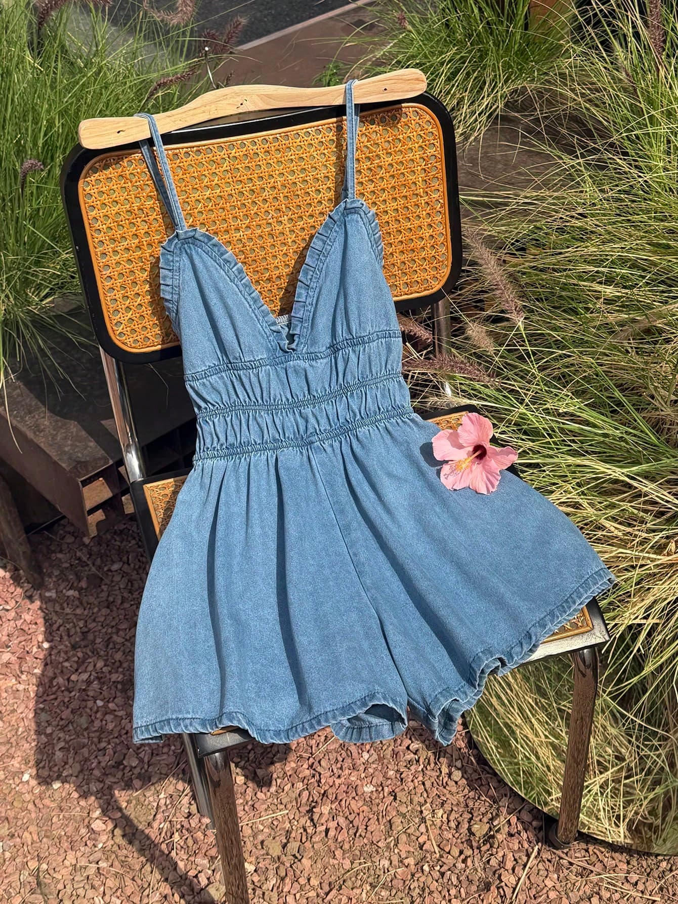 Comfortcana Plus Size Women's Summer Casual Vacation Style Denim Effect Ruffle Jumpsuit, Loose Fit Denim Effect Material Jumpsuit With Elastic Back Design
