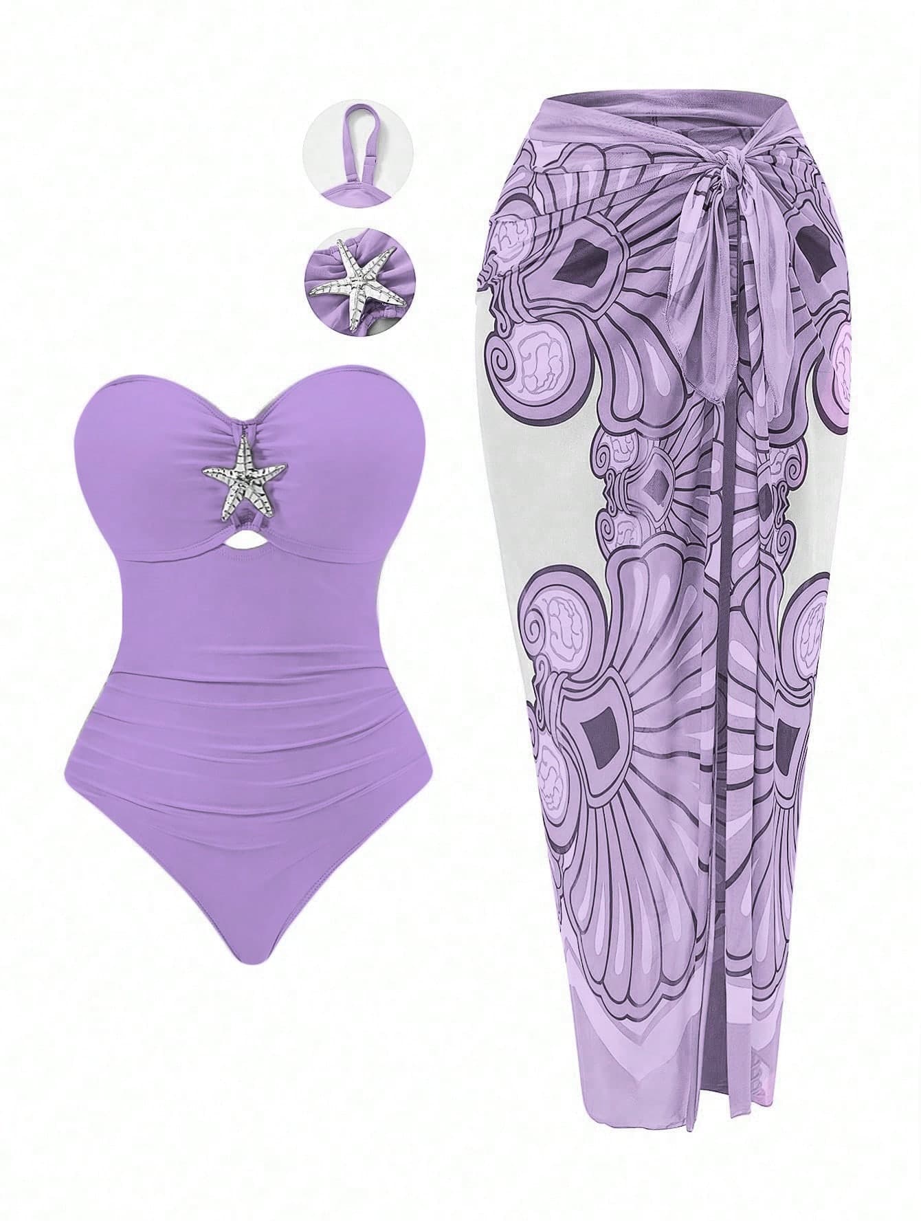 Swim Oasis Plus Size Women Metal Starfish Decor Bandeau One-Piece Swimsuit With Casual Cover-Up And Skirt 2-Piece Swimwear Set