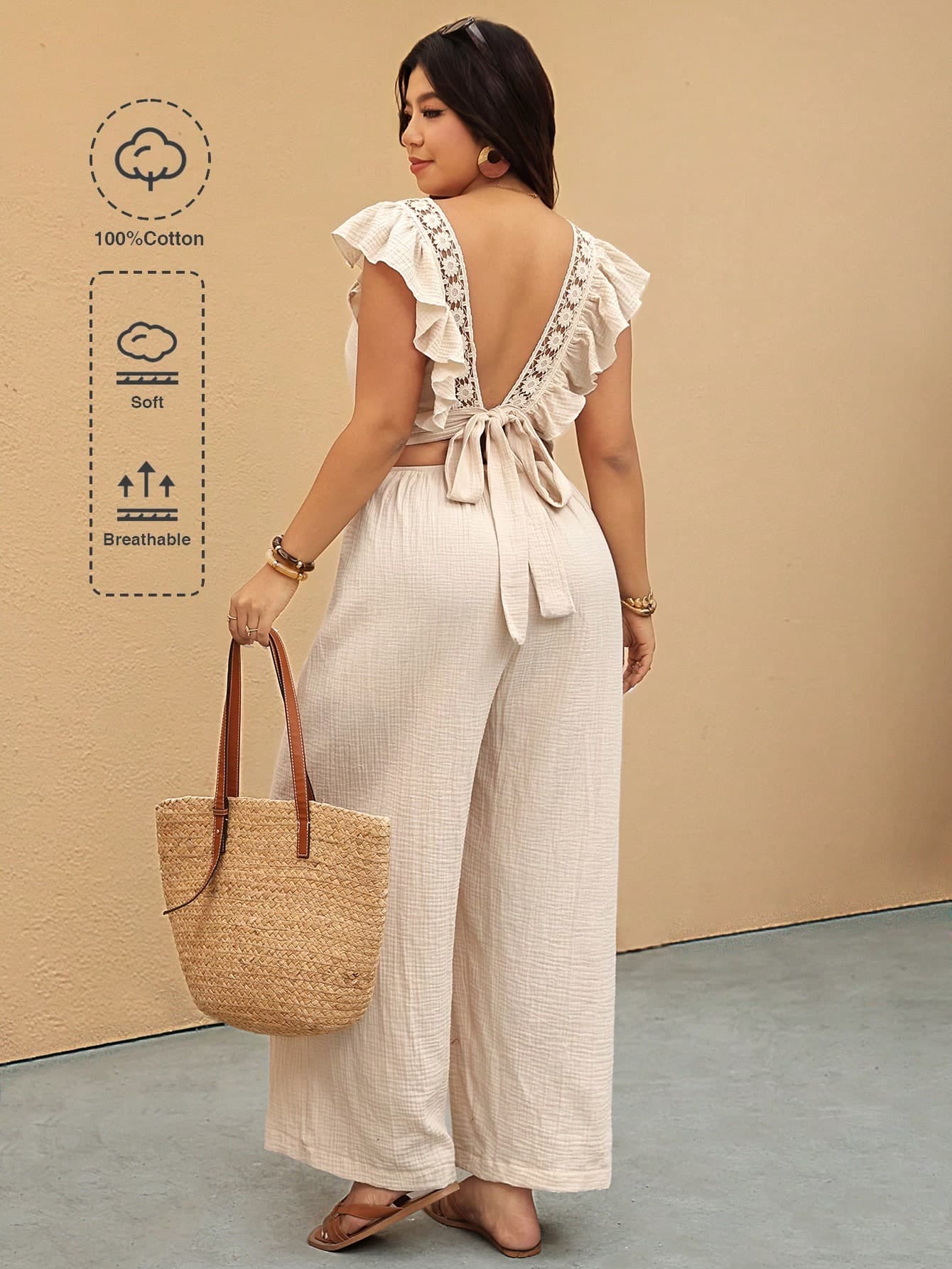 Elaquor Plus Size Women Beige Holiday Contrast Lace Cap Sleeve Jumpsuit Linen Two Piece Set Summer Boho Picnic Wedding Guest Spring Casual Outfit